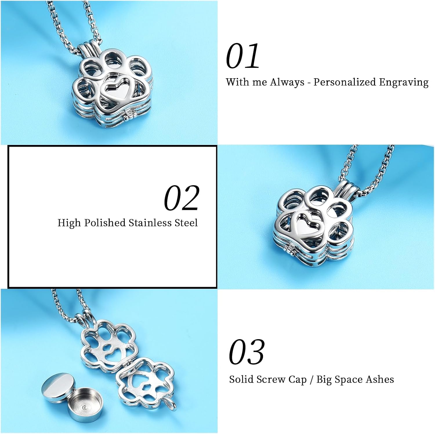 Oinsi Pet Cremation Jewelry For Ashes For Dog/Cat Paw Stainless Steel Memorial Locket Urn Necklace Inside Mini Case Keepsake Cremation Jewelry Women Men - Image 3