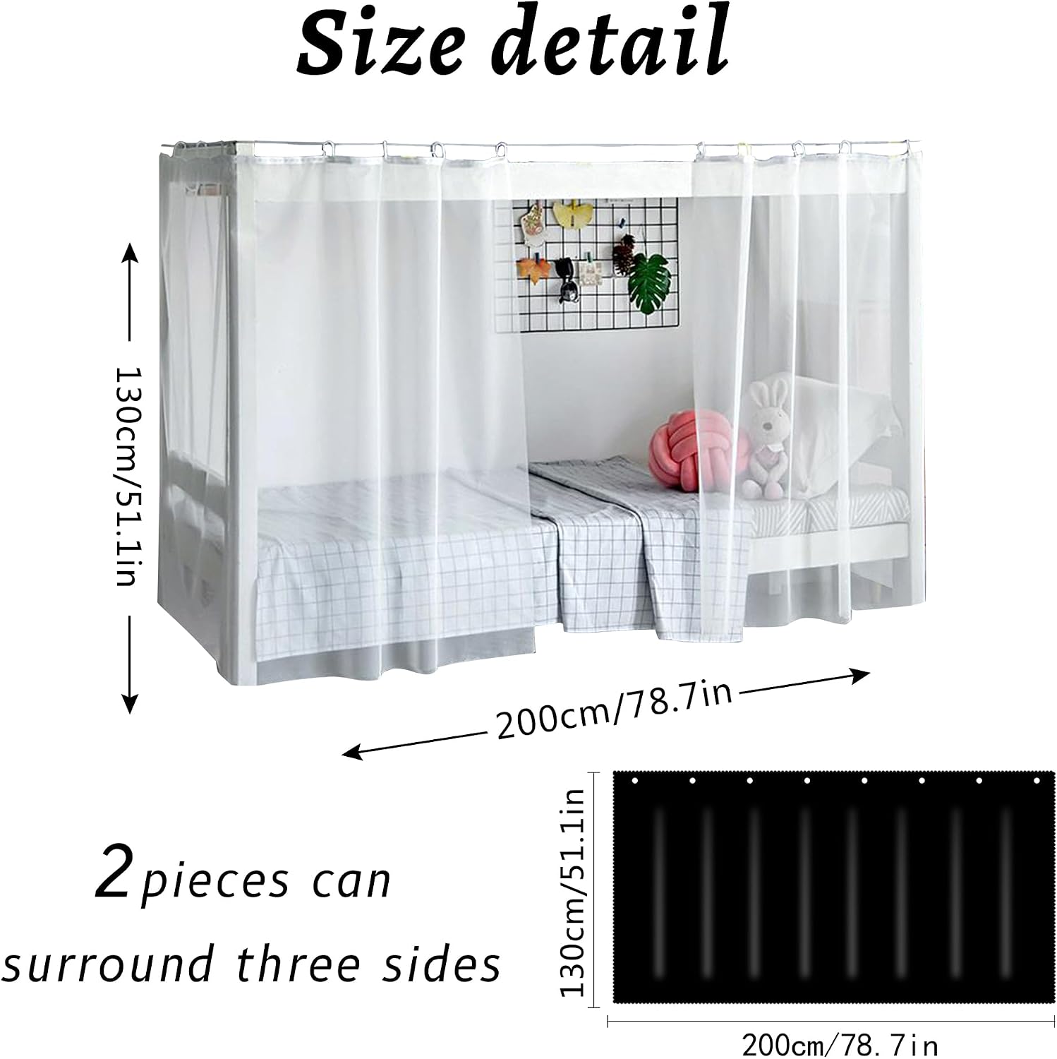 Beautiful Gauze Bunk Bed Curtains Fine Holes Dormitory Bunk Bed Mosquito Net for Bottom, 2 Panels