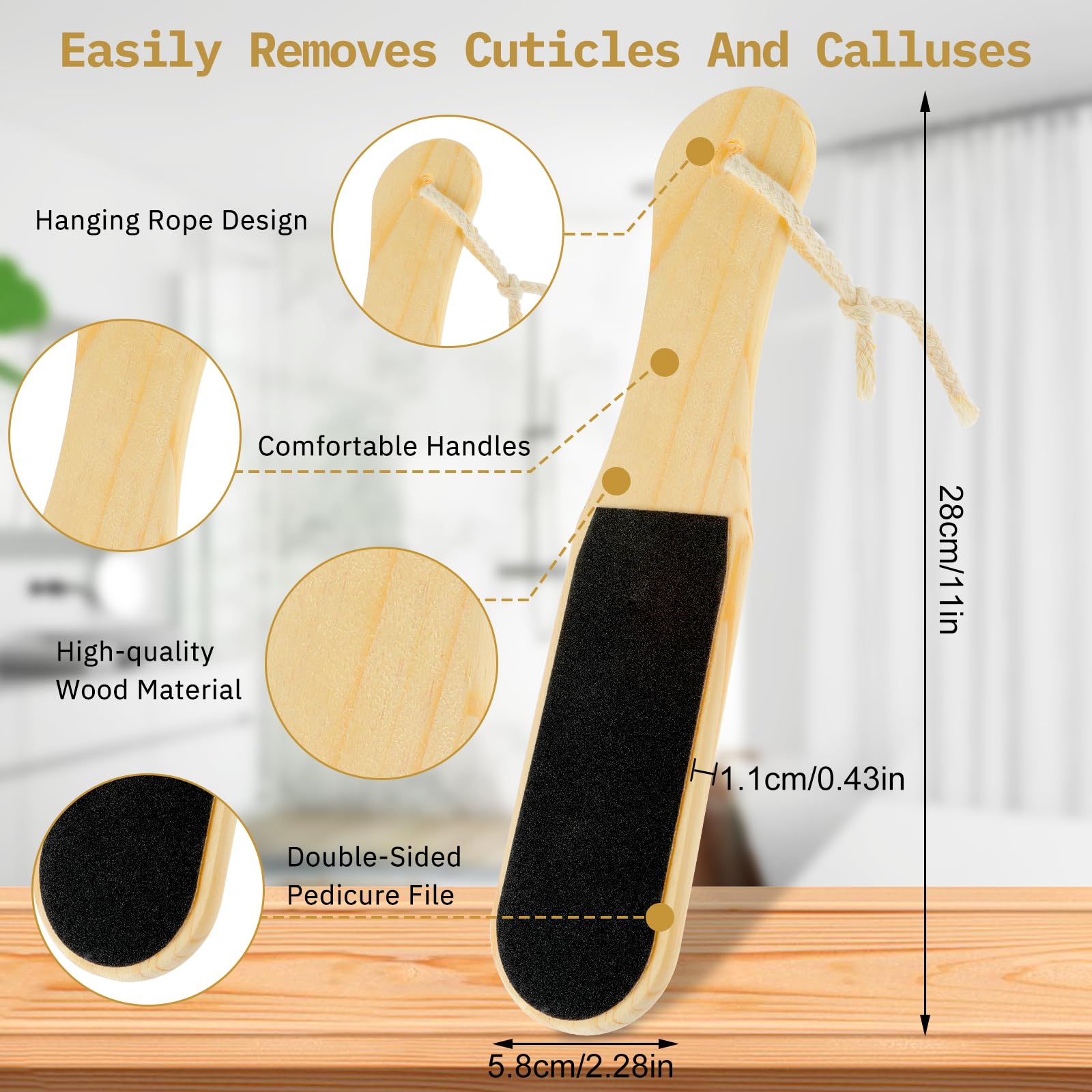 Lima de pies de pedicura de madera de doble cara, reutilizable, herramienta de pedicura profesional con mango para eliminar callos, piel seca y muerta, codos, pies y talones