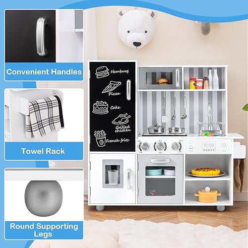Miniatura 6 de Costzon Juego de cocina para niños, juego de cocina de chef de madera grande con sonidos y luces reales, microondas, pizarra, horno, máquina