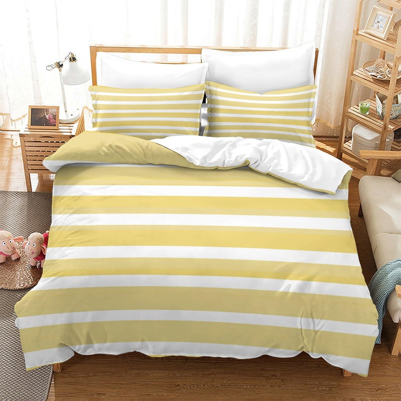 P1S9U7W5Y Cozy Stripes 3D Printed Duvet Cover Set 3pcs Microfiber Yellow Stripes Bedding Set King（220x240cm）