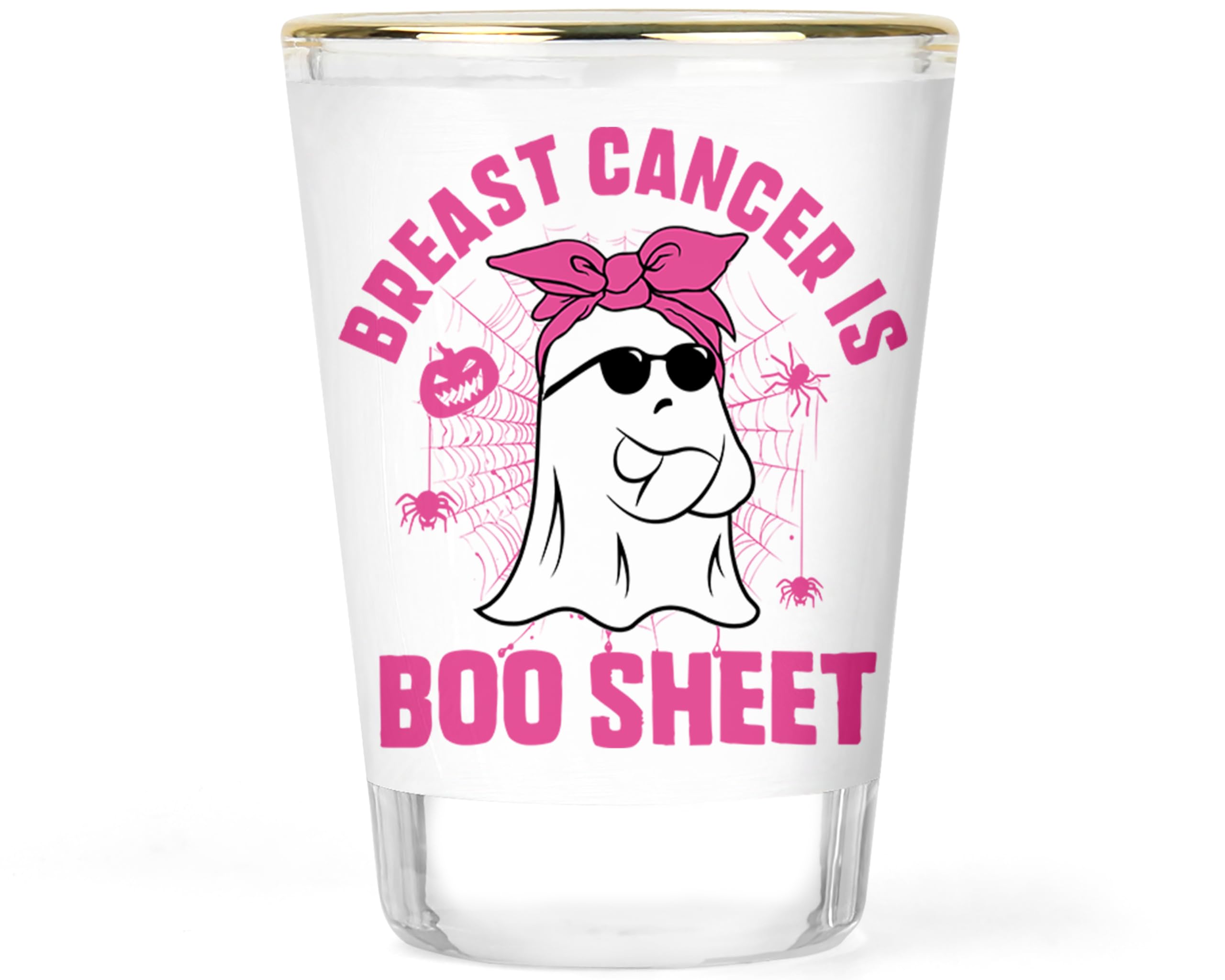 Breast Cancer Halloween Boo Shot Glass Awareness Gifts Gift Month Pink Ribbon Cute Ghost Glassware Unique Collectible Novelty Barware 1.5 ounce Gold-rimmed Shotglass Shotglasses Shooter Shots