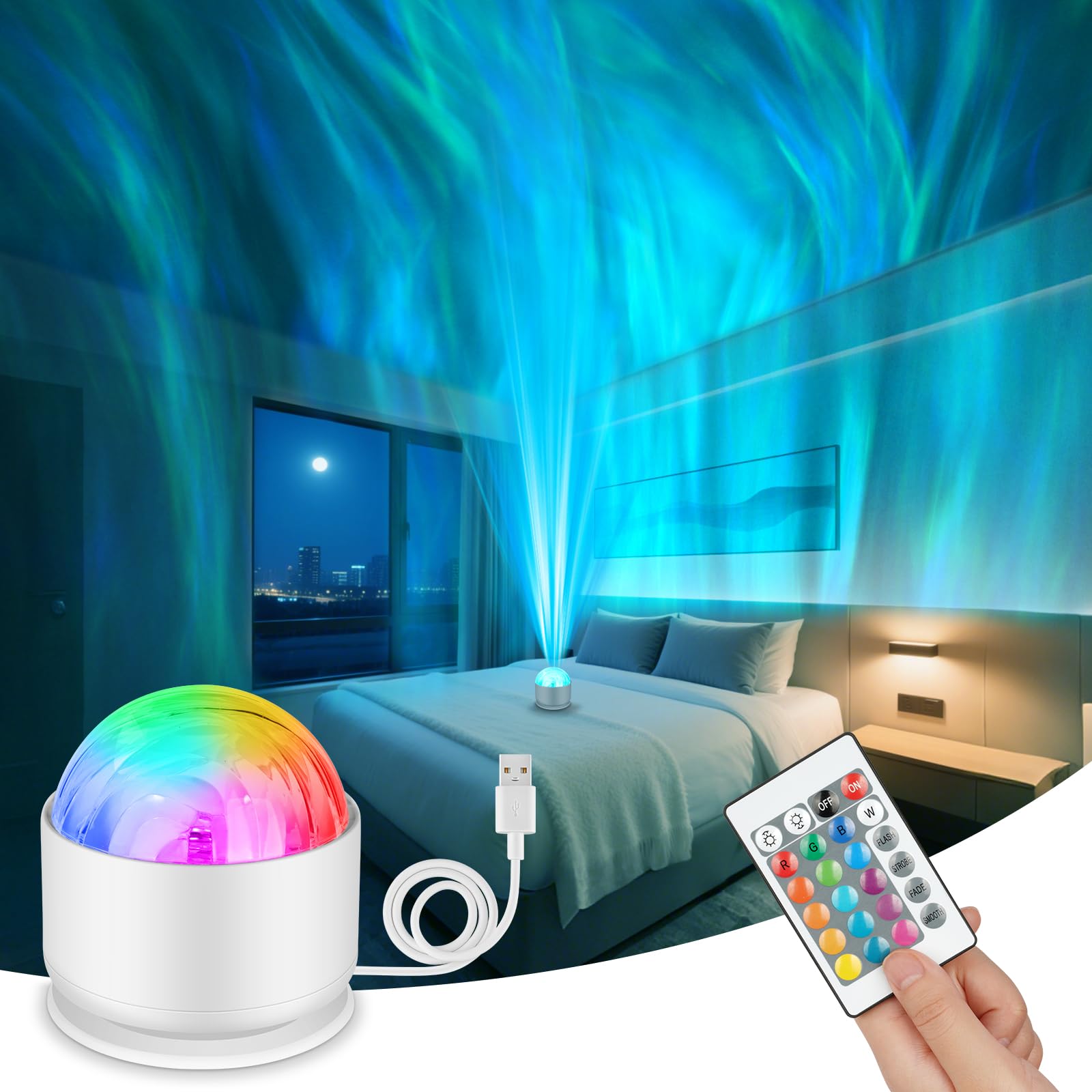 vsshe Sternenhimmel Projektor, Nachthimmel Meereswellen und Nordlichter Projektor, mit 16 Farben Dimmbarer & Fernbedienung Drei Lampenschirme Projektorlampe Nachtlicht für Kinder Party, Normaler Stil