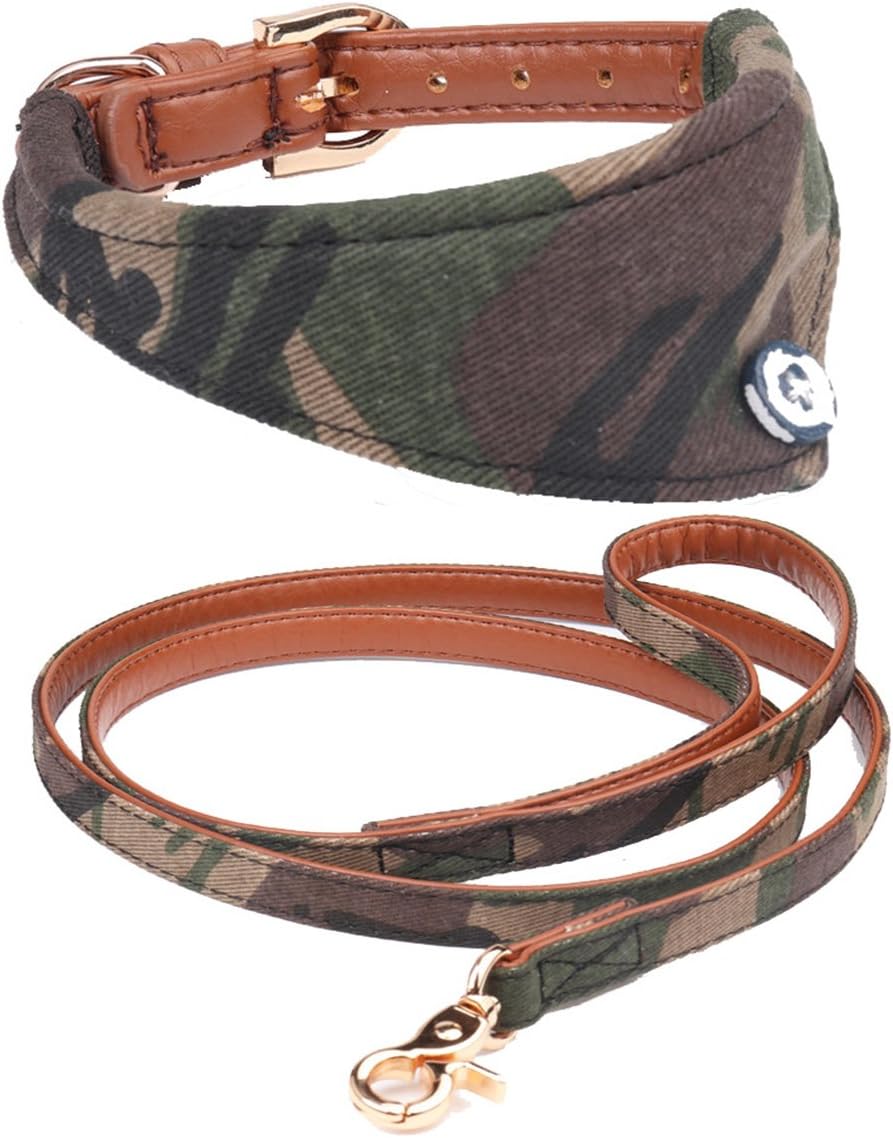 Fourhorse Dog Collar and Leash Set for Small Dogs and cat with Green Camo Bandana,Adjustable Buckle