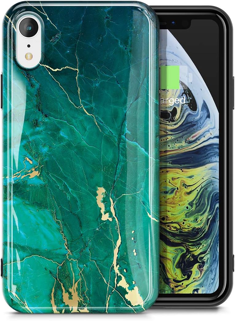 GVIEWIN Nature Series iPhone XR Case, [Upgraded Protection] Emerald Marble Pattern Design with Shockproof Slim Fit TPU Bumper, Green/Gold