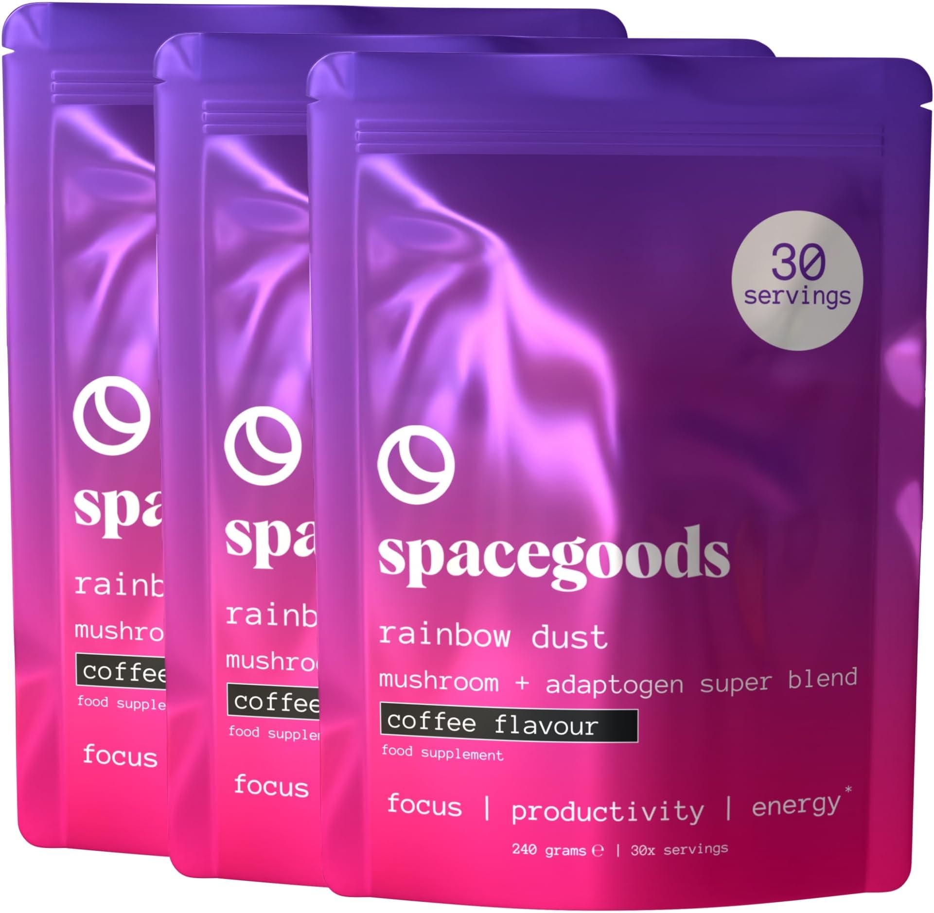 Spacegoods Rainbow Dust 3 Pack 240g | 90 Days Supply | Flavoured Mushroom Coffee | 120mg of Natural Caffeine | Lions Mane, Chaga Ashwagandha & Vitamin B5| Sharper Focus, Energy & Calm | Coffee