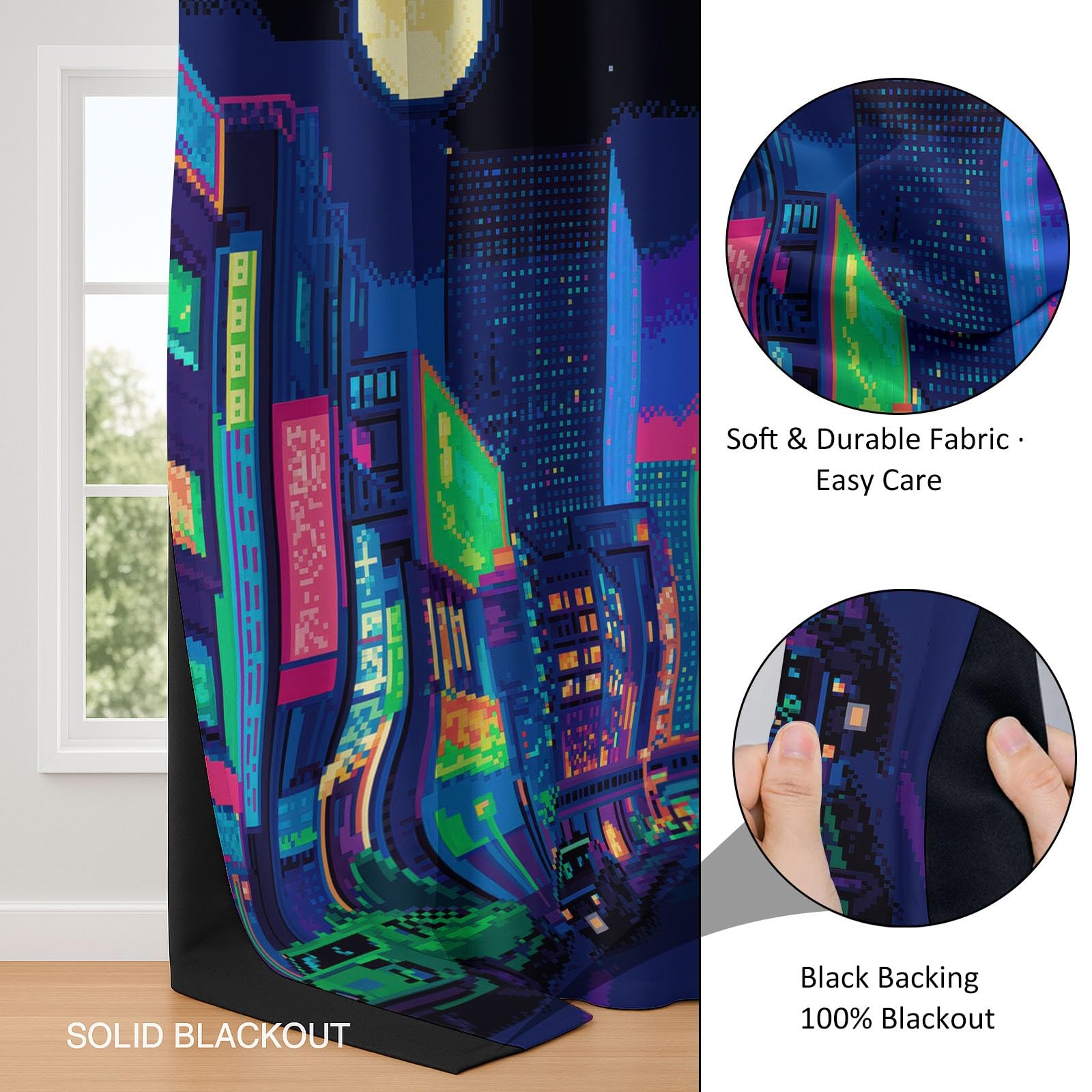 2-częściowy zestaw nowoczesnych dekoracyjnych zasłon Nostalgia miasto z widokiem na noc - dekoracyjne zasłony do salonu lub sypialni, wysokiej jakości tkaniny zaciemniające, kolor, 91,5 x 214 cm