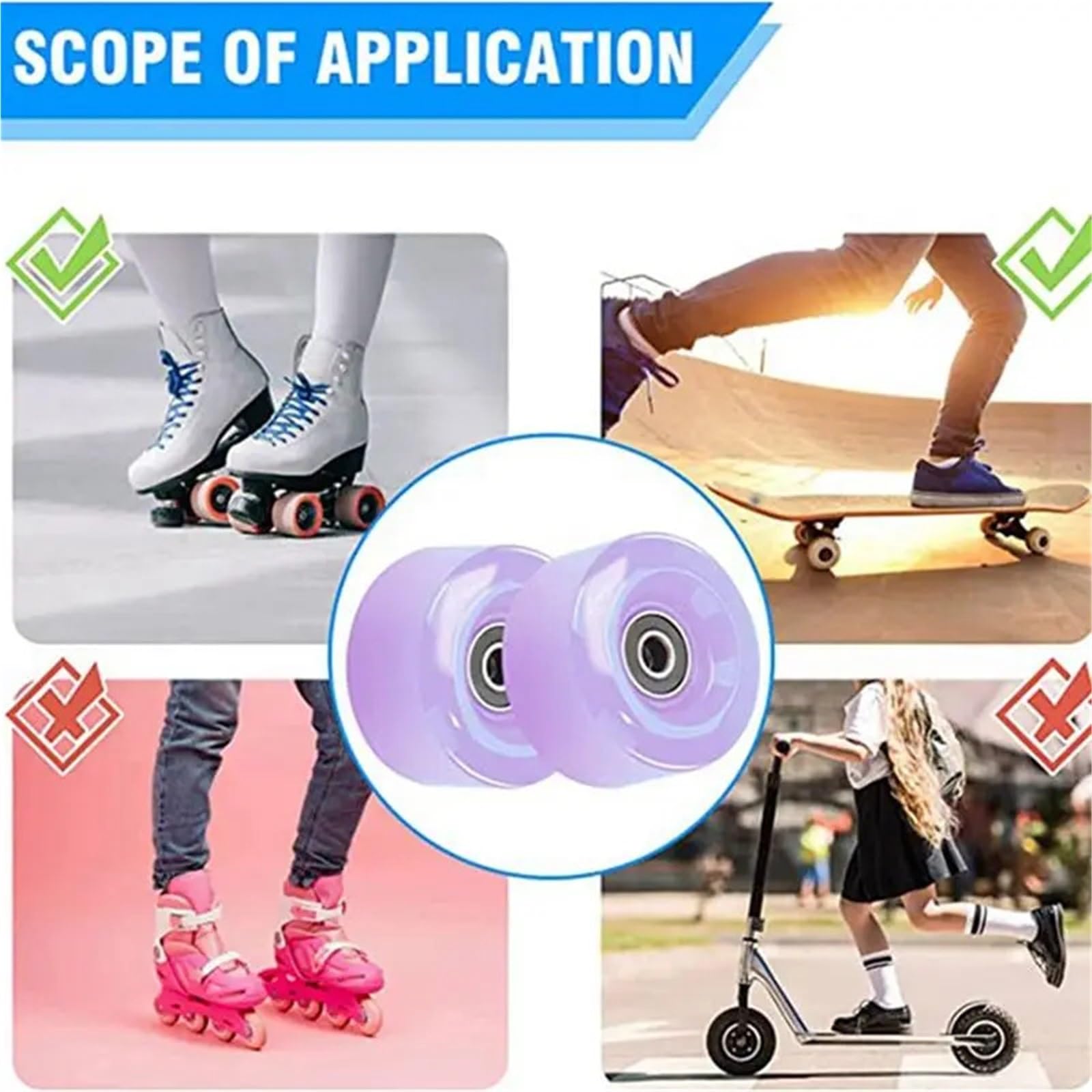 Roues de skateboard Longboard WW-Skate Roues de rechange 32 x 58 mm, 82A avec roulements, 2 bouchons d'orteils, pièces de rechange pour une utilisation en extérieur ou en intérieur