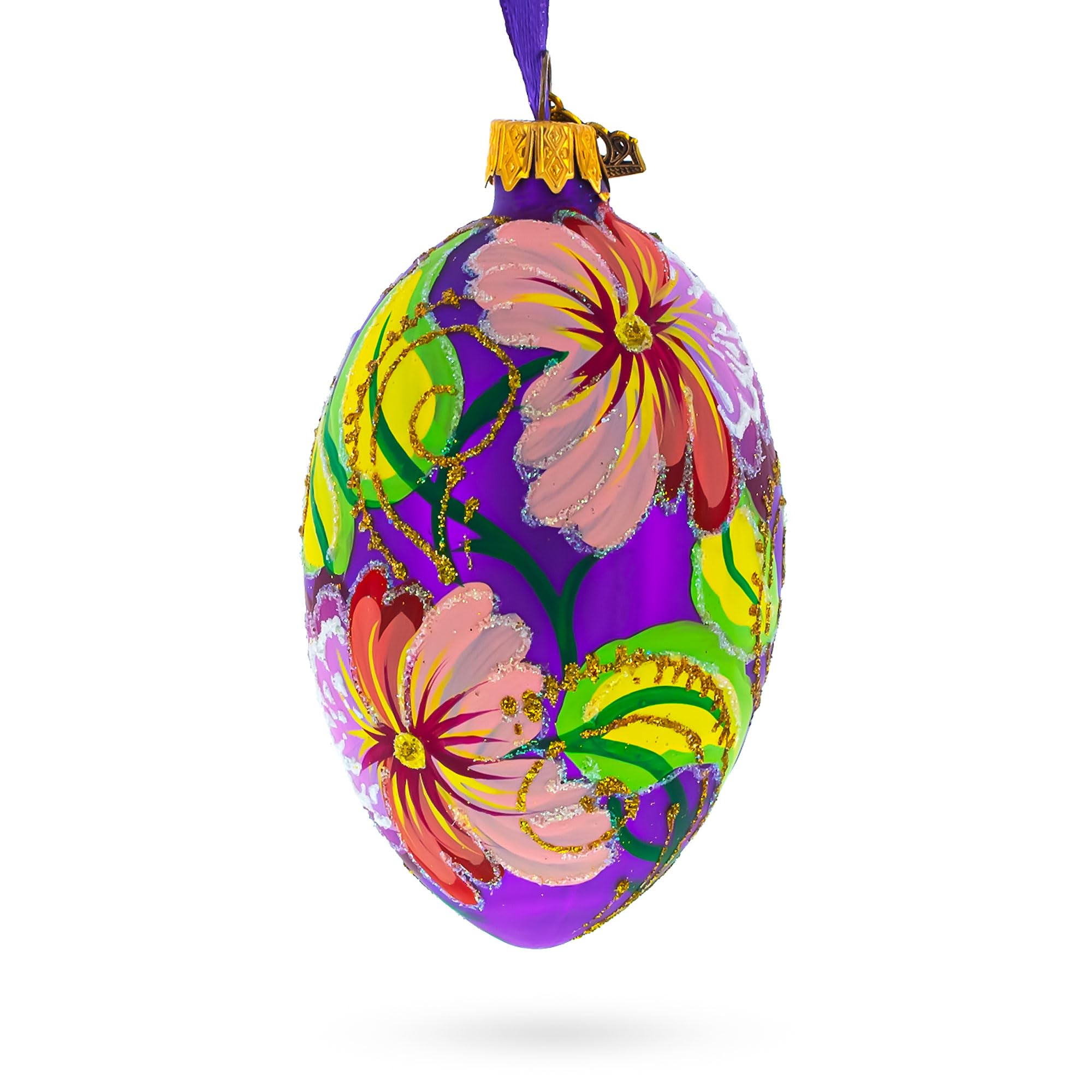 Œuf décoratif violet en verre d'art avec fleurs peintes