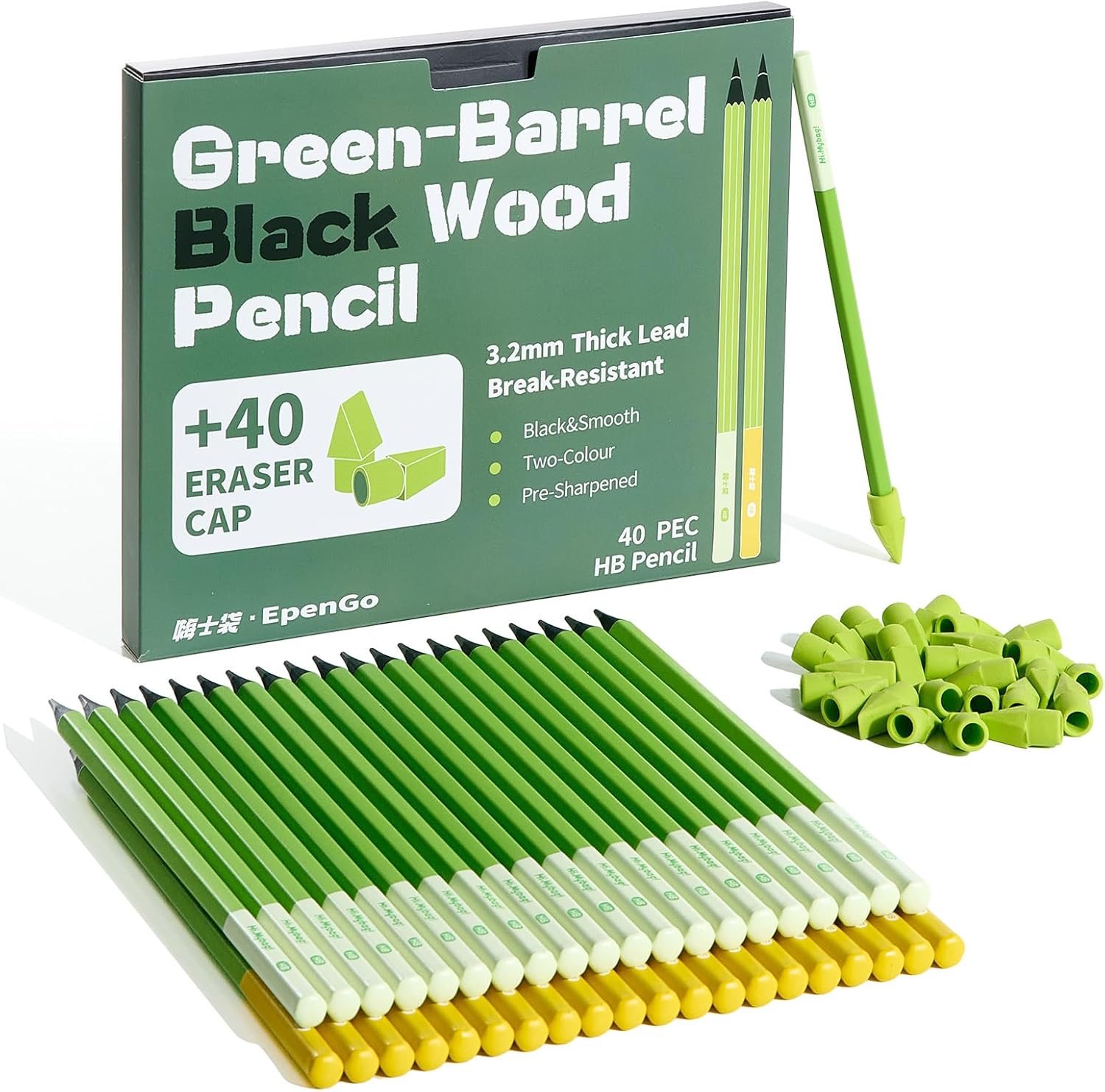 Lápices HB N.º 2, Pack de 40, Con Goma, Mina 3.2 mm, Madera Negra