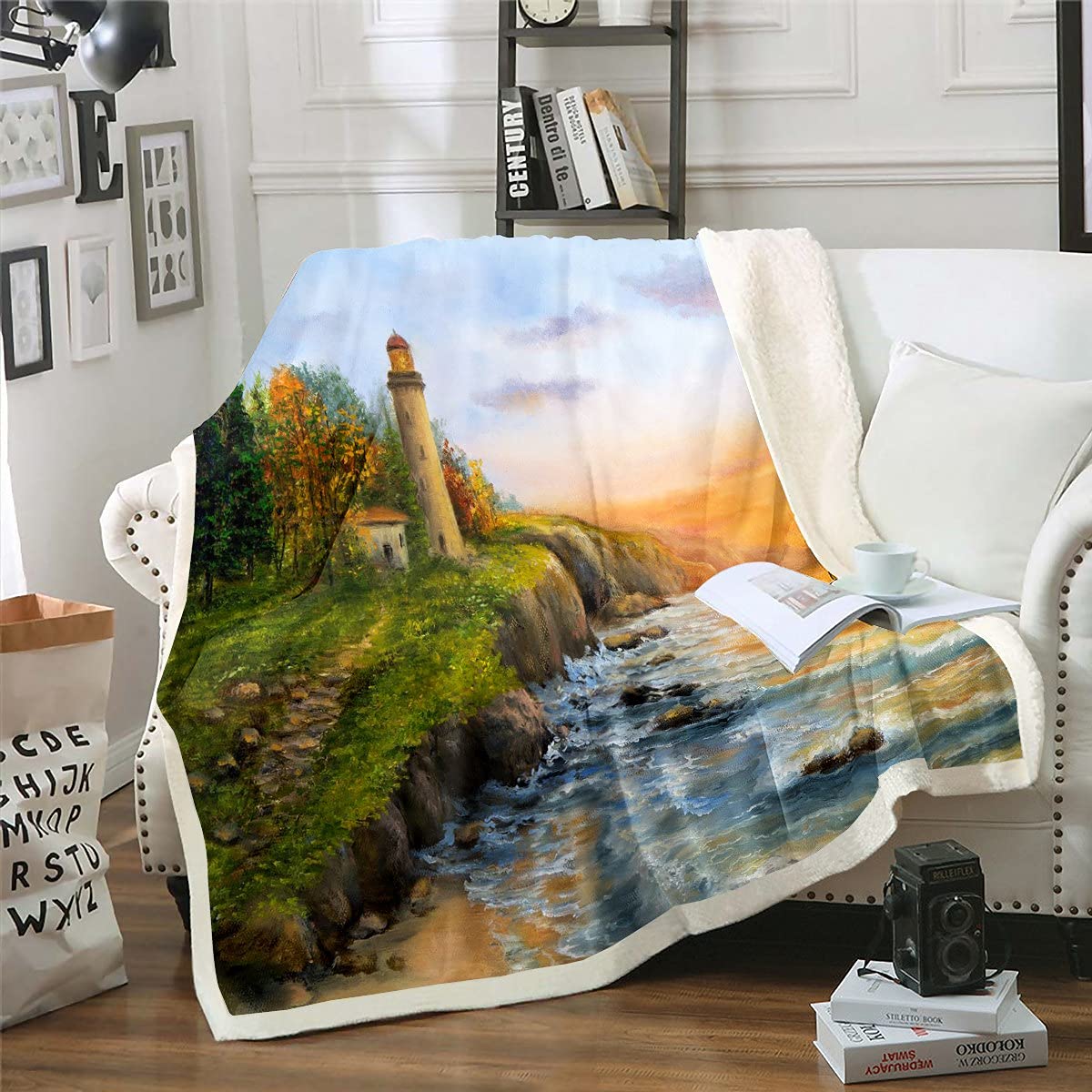 Homemissing Watchtower Sherpa Blanket Ocean Fleece Throw Blanket for Kids Boys Girls Sunset Sea Plush Blanket Natural Scenery Yellow Green for Sofa Bed,King 87x94 Inch