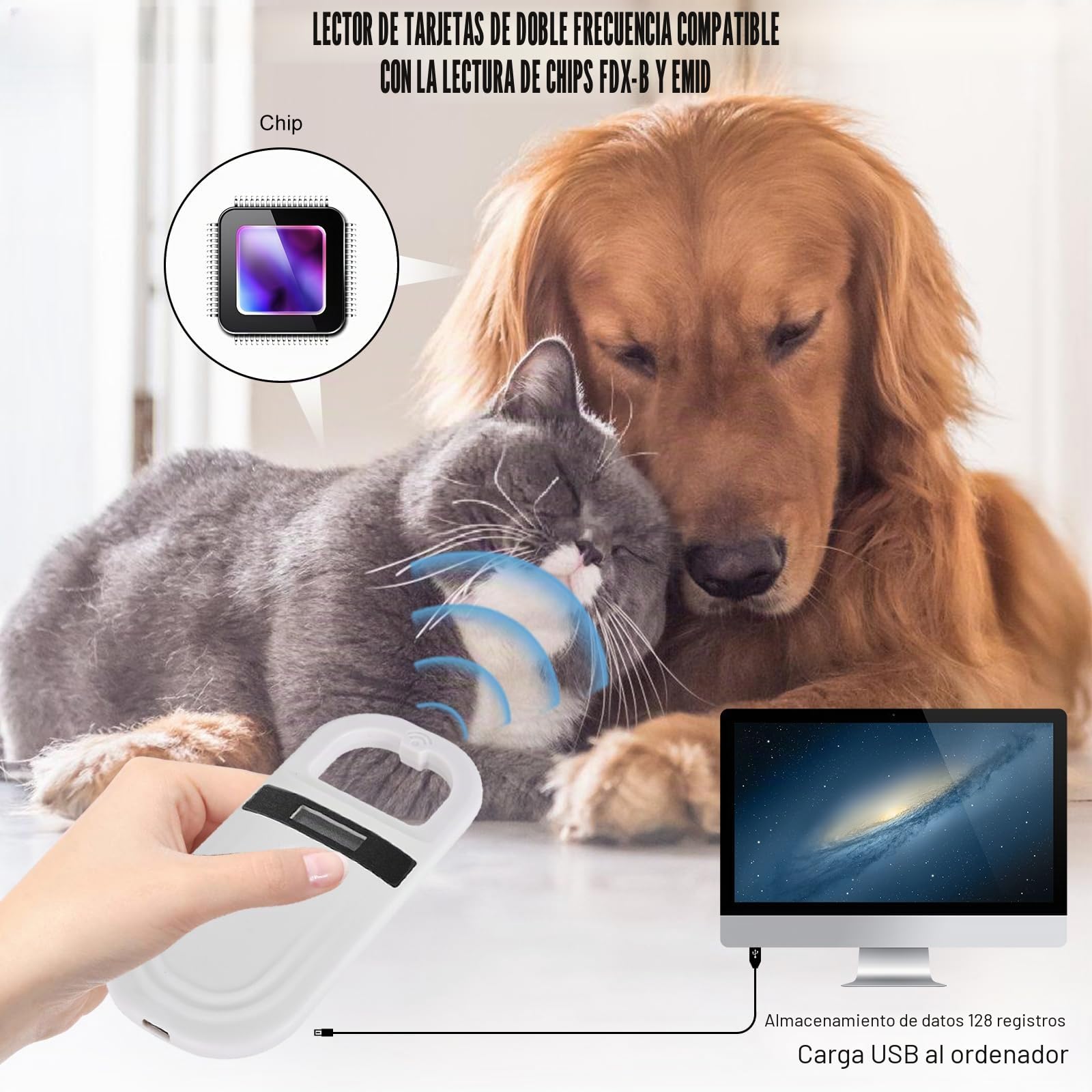 Aicharynic Lector de chips para mascotas,blanco,lector de microchip para perros/gato,lector de microchip para mascotas,escaneo de microchip para perros,escáner para mascotas