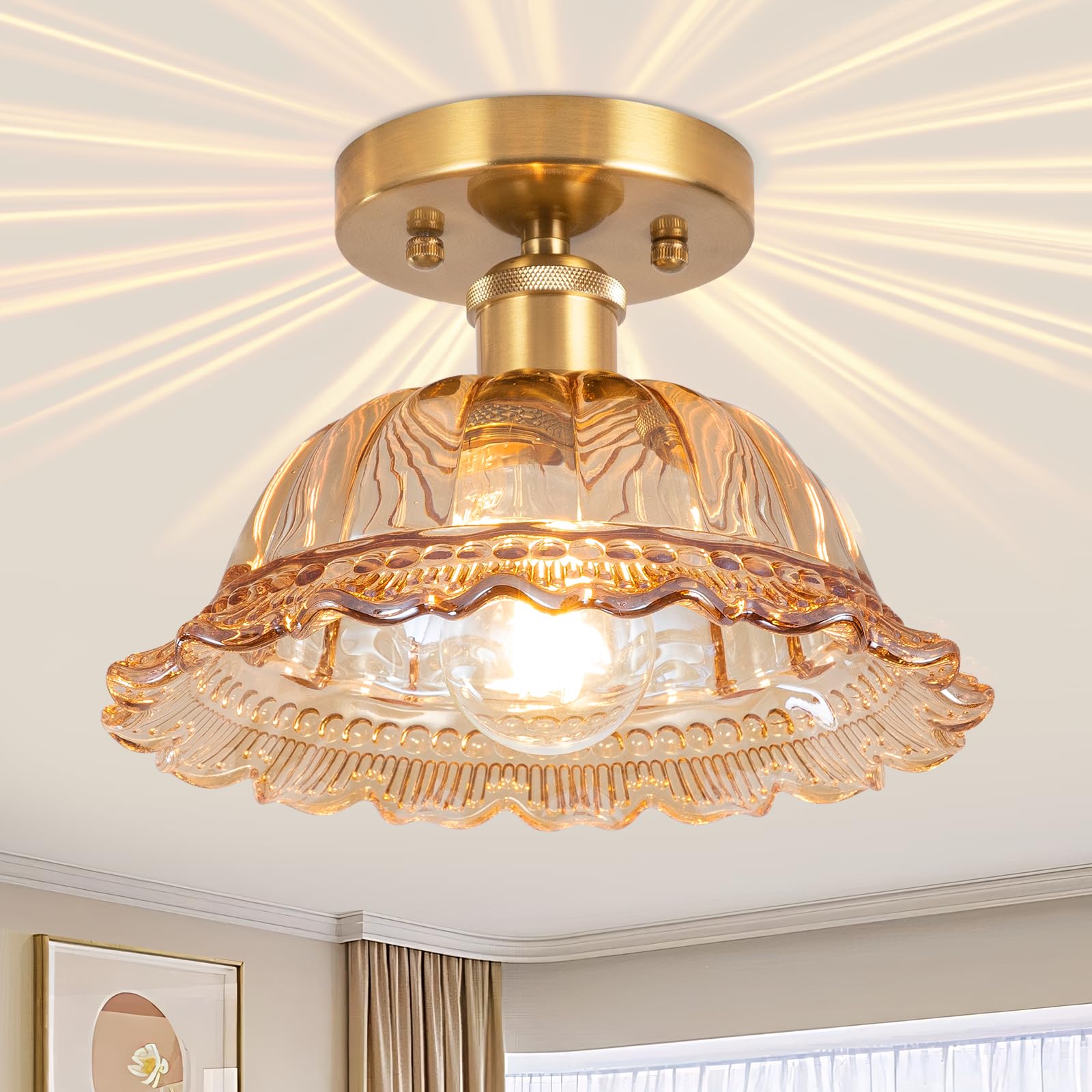 Vloitgol Deckenleuchte Vintage mit lampenschirm Bernstein glas E27 24cm halbbündige Bernstein Deckenlampe Vintage blumen Glas für Schlafzimmer Flur Küche Esszimmer Wohnzimmer-Glühbirne nicht enthalten