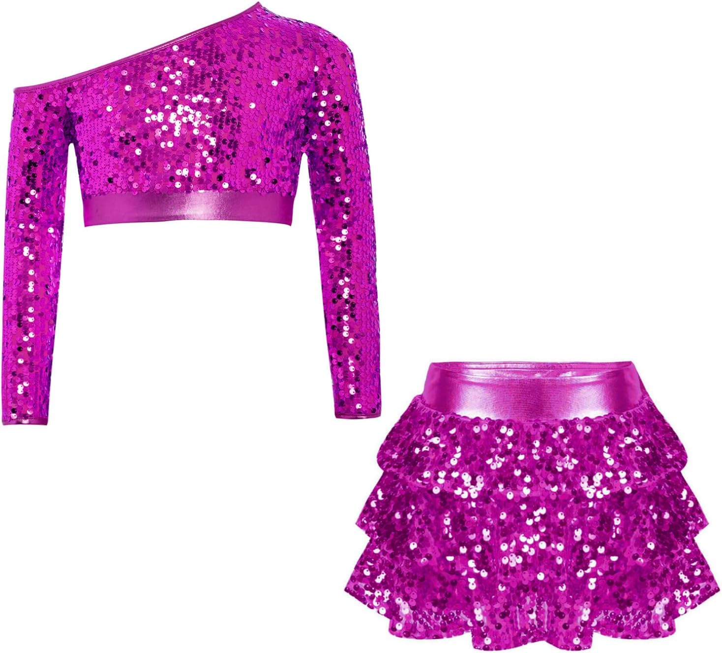 FEESHOW Girls 2Pcs Jazz Dance Outfit Sets School Performance Clothes Hot Pink 12 Years