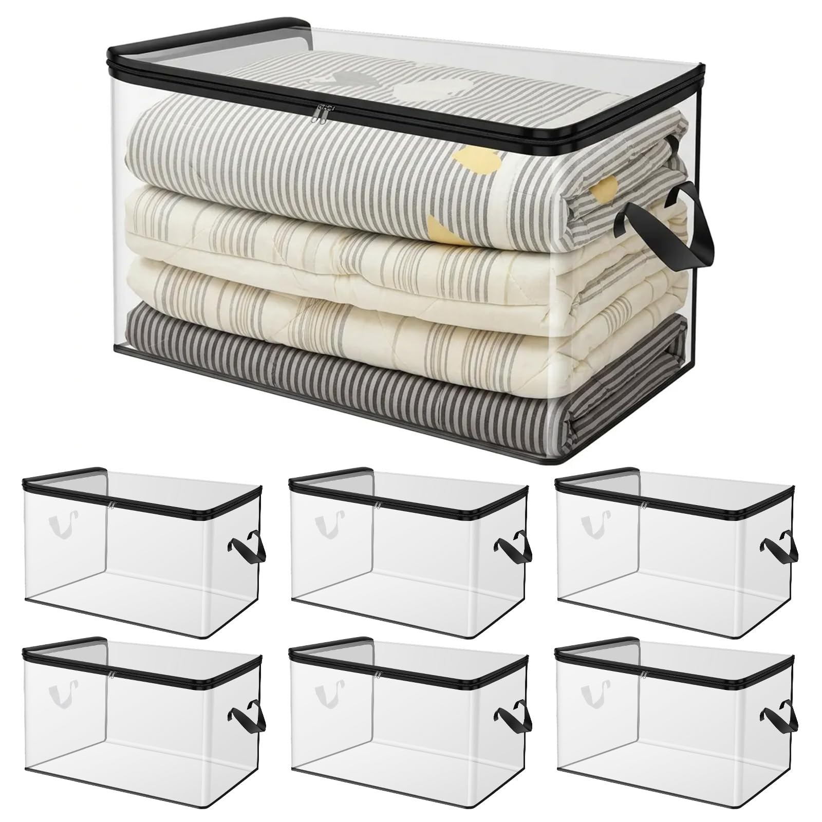 6 Pack 60L Clear PVC Clothes Storage Bags Reinforced Handle Zipper Foldable Closet Organizer for Blankets Clothing