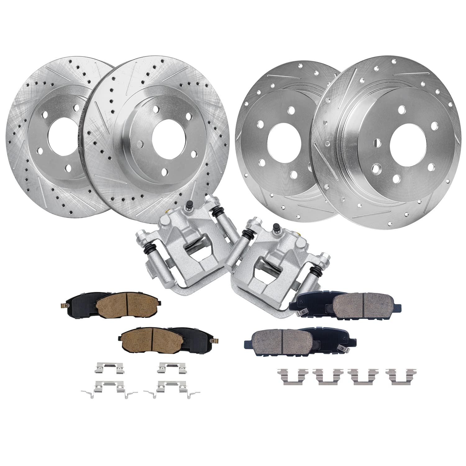 Detroit Axle - Front &amp; Rear Drilled Rotors Ceramic Brake Pads + Rear Disc | Brake Calipers Replacement for 2002-2006 Nissan Altima - 10pc Set