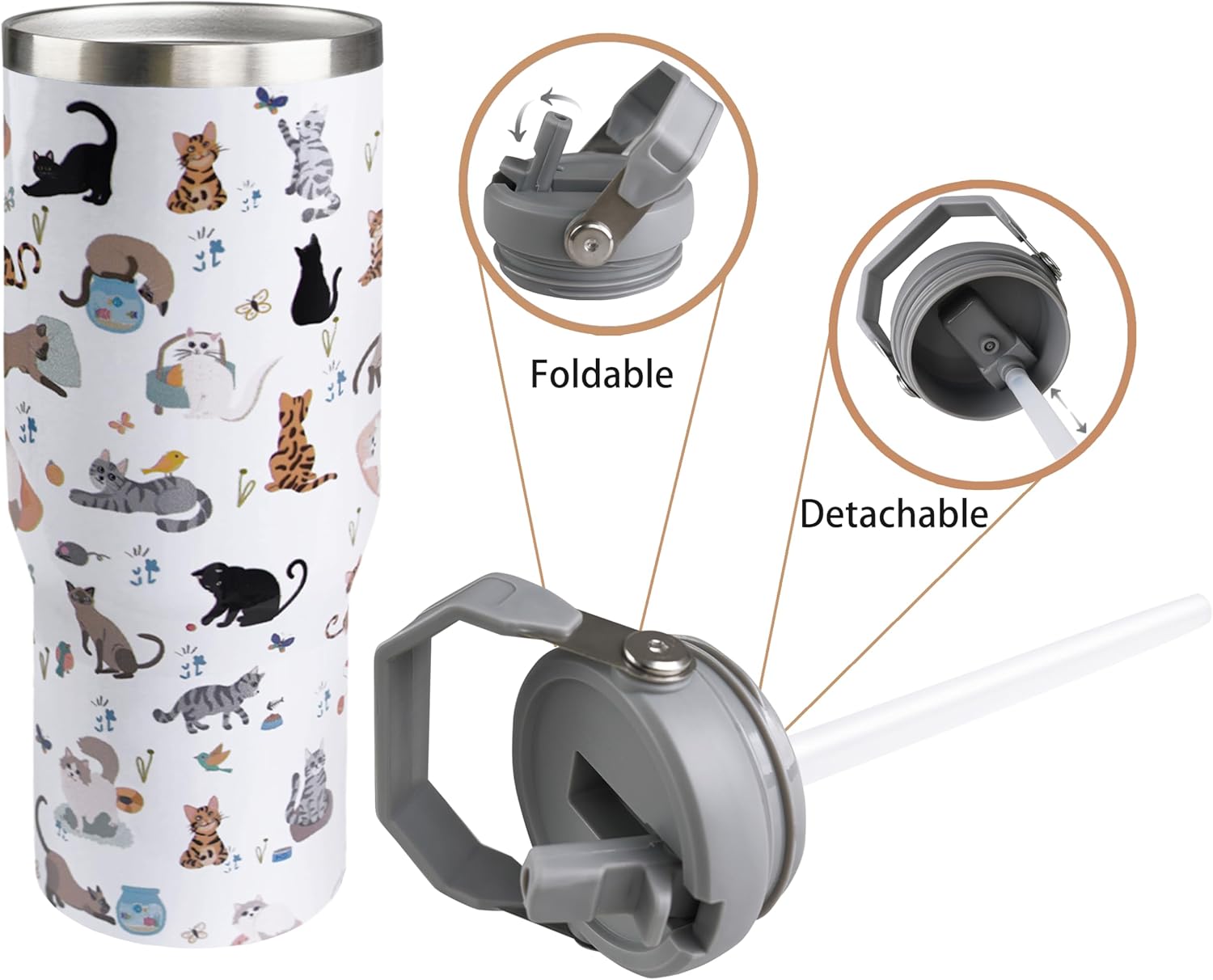 30oz Cat Tumbler with Handle and Straw, Reusable Stainless Steel Insulated Leak Proof Travel Coffee Mug, Cat Gifts for Women - Image 5