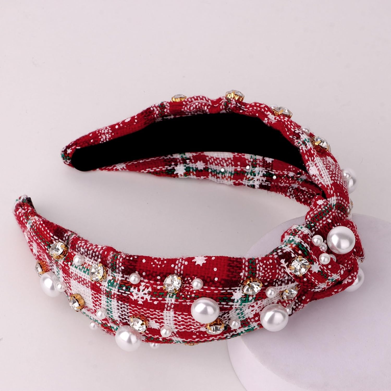 Christmas Pearl and Diamond Knotted Headband Red for Women Wide Hairband Christmas Holiday Party Headband Xmas Snowflake Plaid Decorations Hair Accessory Gifts for Girls - Image 7