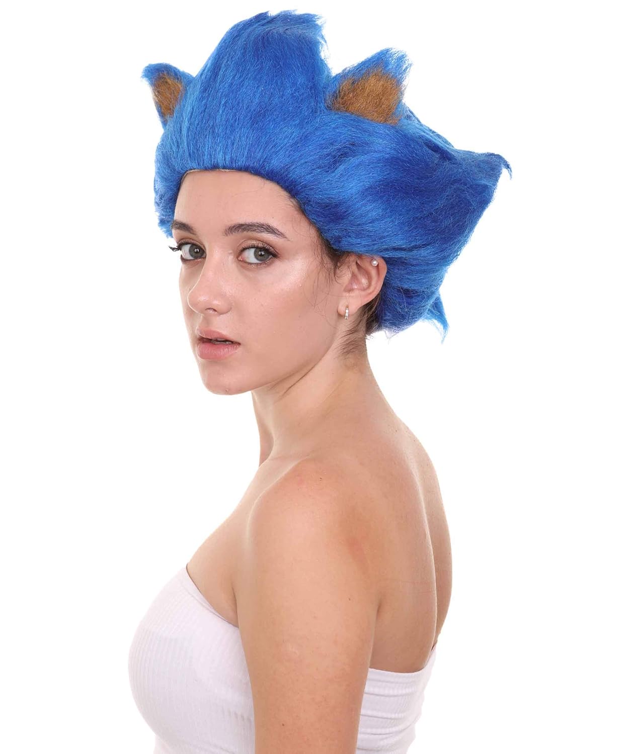 HPO Adult Womens Spiked Blue Cosplay Hedgehog Wig with Ears - Long Blue Hair - Capless Cap Design for Comfort