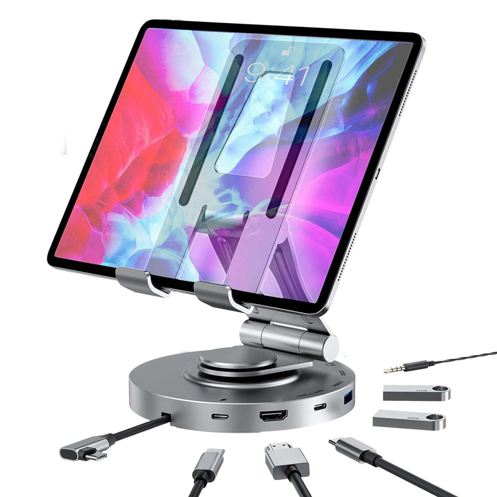 Cocoarm Supporto per Docking Station per Tablet Supporto per Tablet Regolabile in Lega di Alluminio con Hub USB C 10 in 1 Rotazione a 360 Gradi 4K 60Hz PD 100W per Steam Deck Switch 2