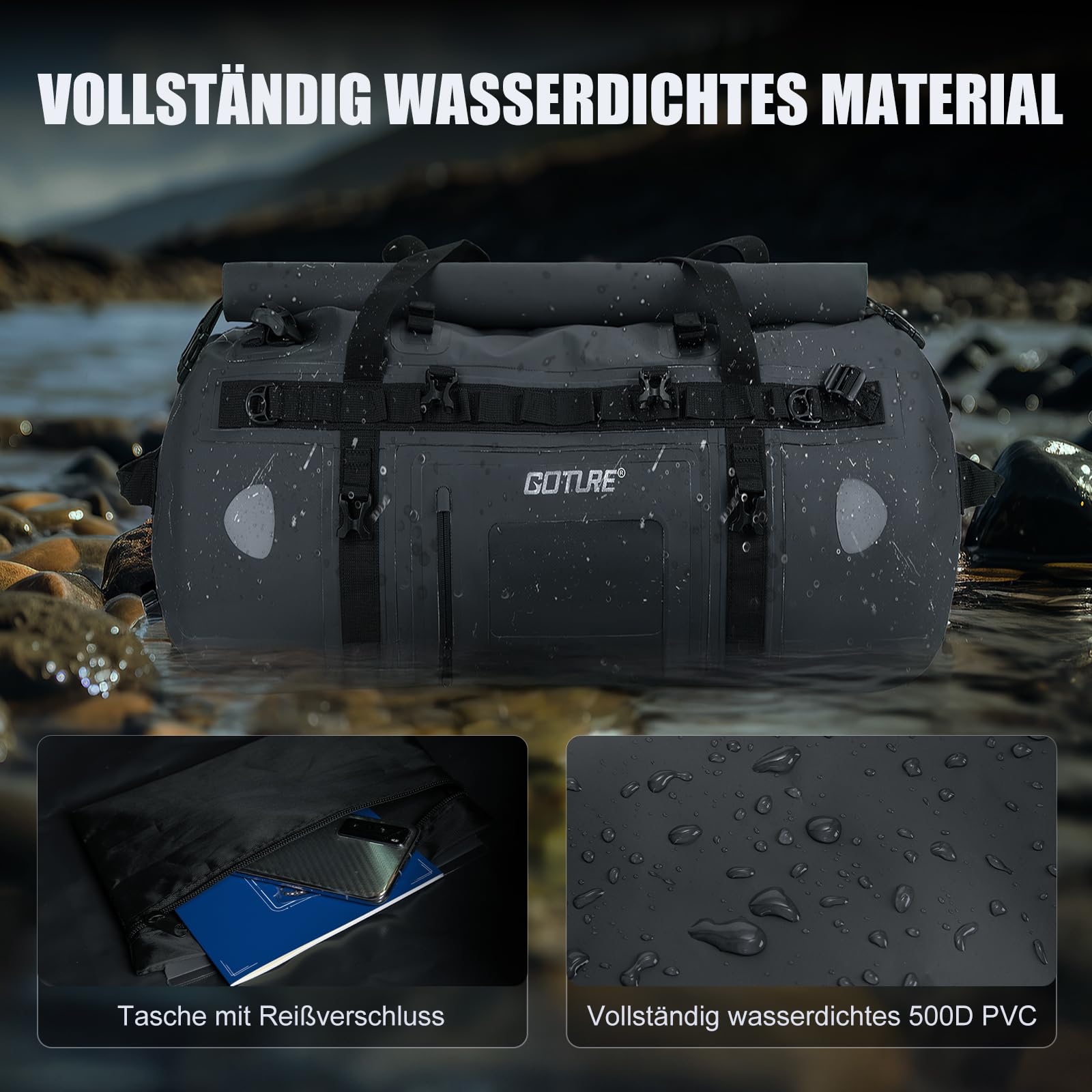 Goture Motorrad-Trockentasche – 45 l wasserdichte Reise- und Gepäck-Hecktasche, Satteltasche mit transparenter Tasche, Rolltop-Verschluss, Schultergurten, Reflektorstreifen und Netztasche