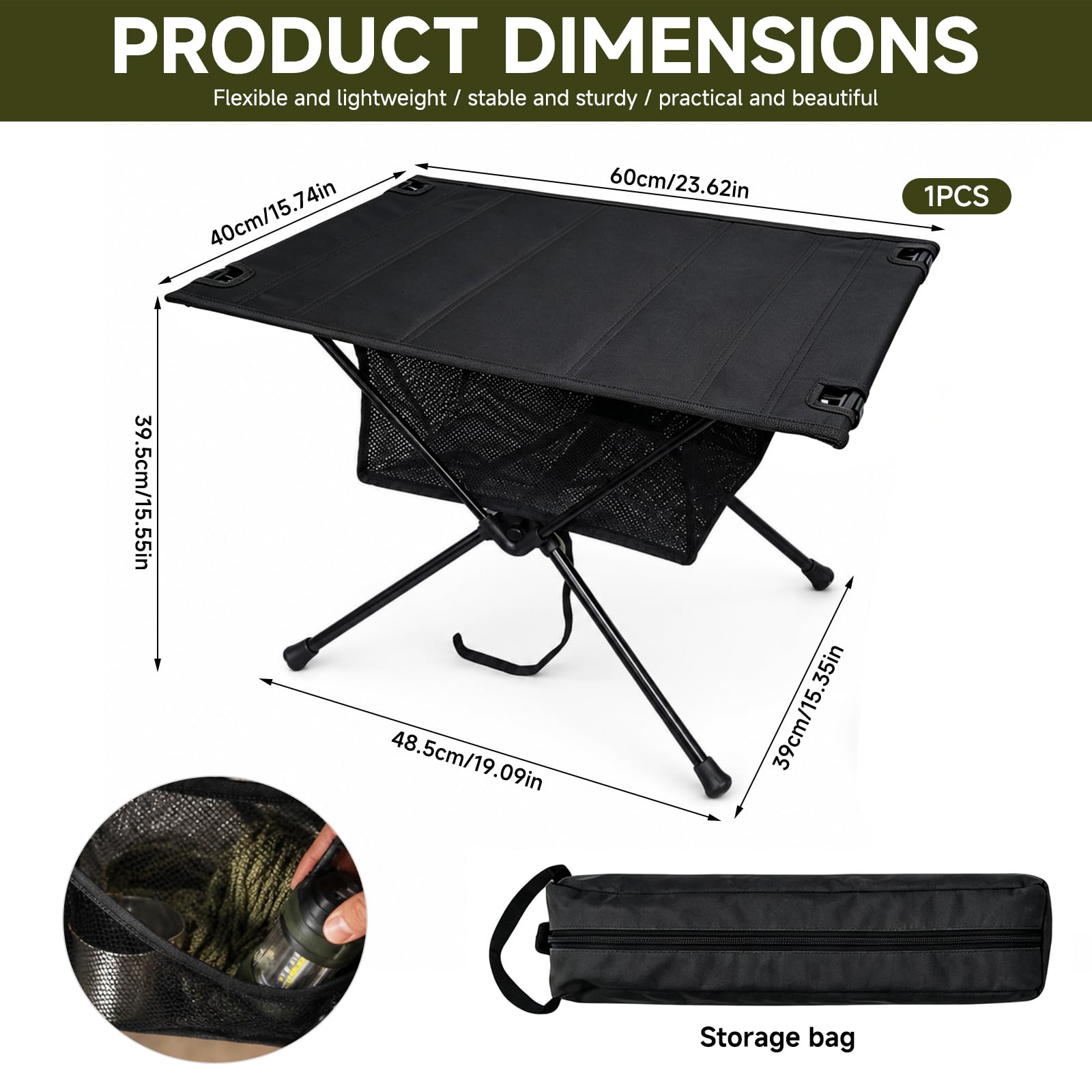 Table de camping pliable ultra légère avec sac de transport et plateau en filet, table d'extérieur réglable en hauteur en aluminium, table de pique-nique pour camping, pêche, randonnée (noir)
