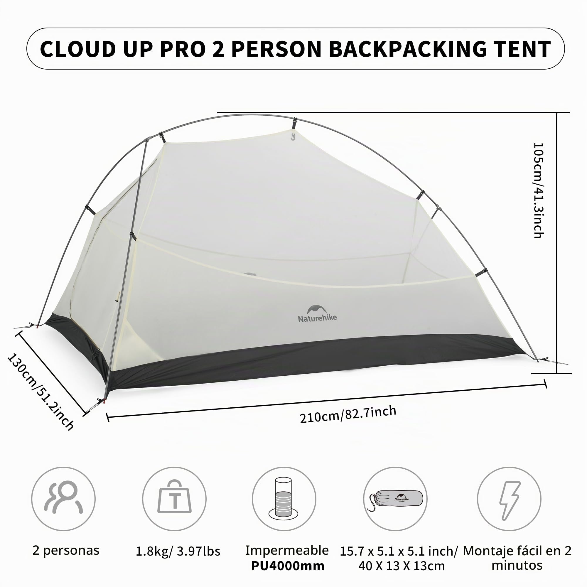 Naturehike Cloud-Up Pro Tent - Tienda de campaña ligera para 2 personas, fácil de instalar, resistente al viento y al agua, para viajes al aire libre, senderismo