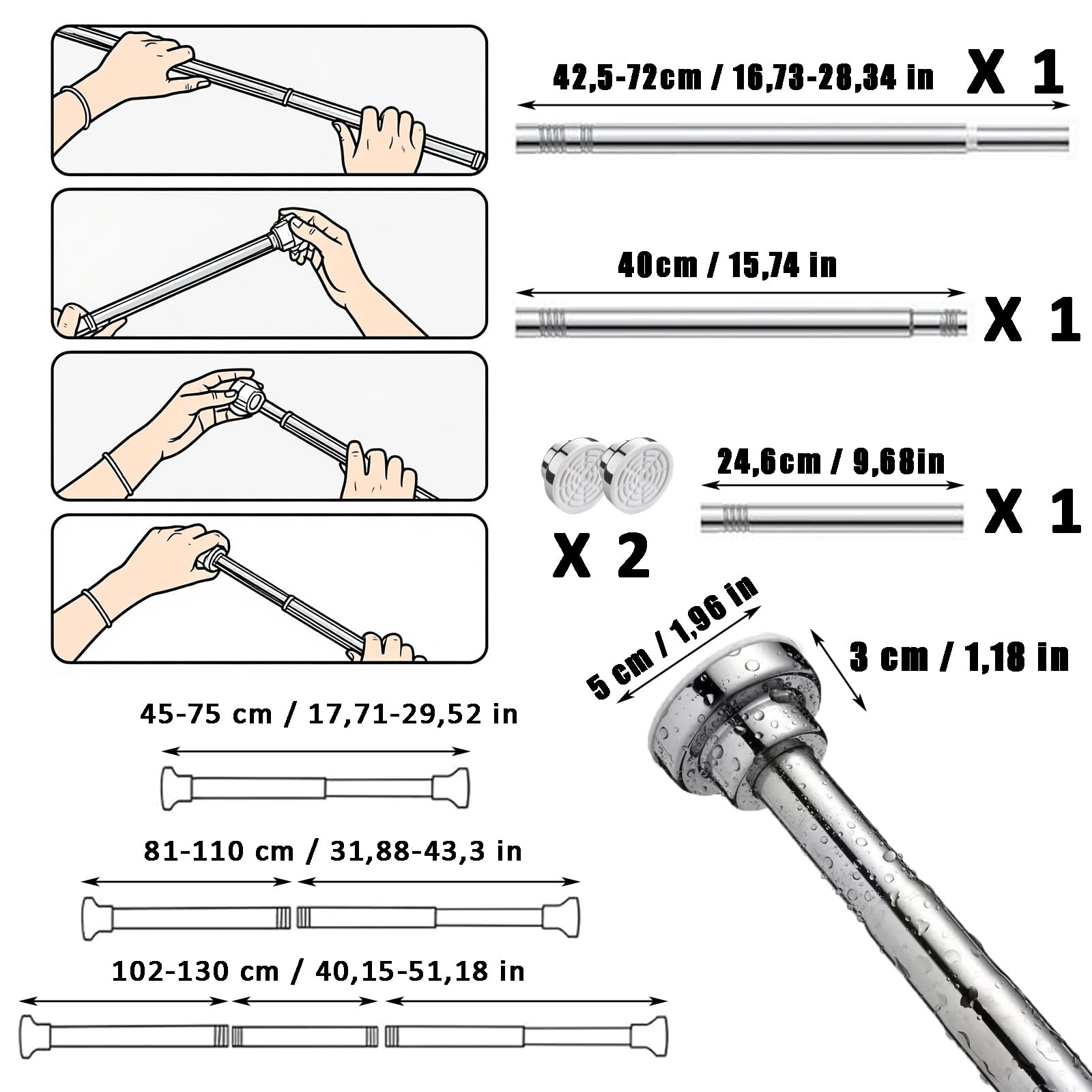 Tringle à Rideau Télescopique, Tringle à Rideaux Sans Perçage Extensible 66-130 cm, Tringle à Rideau Télescopique Sans Perceuse, Tige de Pression Réglable, pour Porte, Balcon, Douche, Fenêtre, Argent Tringle à Rideau Télescopique, Tringle à Rideaux Sans Perçage Extensible 66-130 cm, Tringle à Rideau Télescopique Sans Perceuse, Tige de Pression Réglable, pour Porte, Balcon, Douche, Fenêtre, Argent