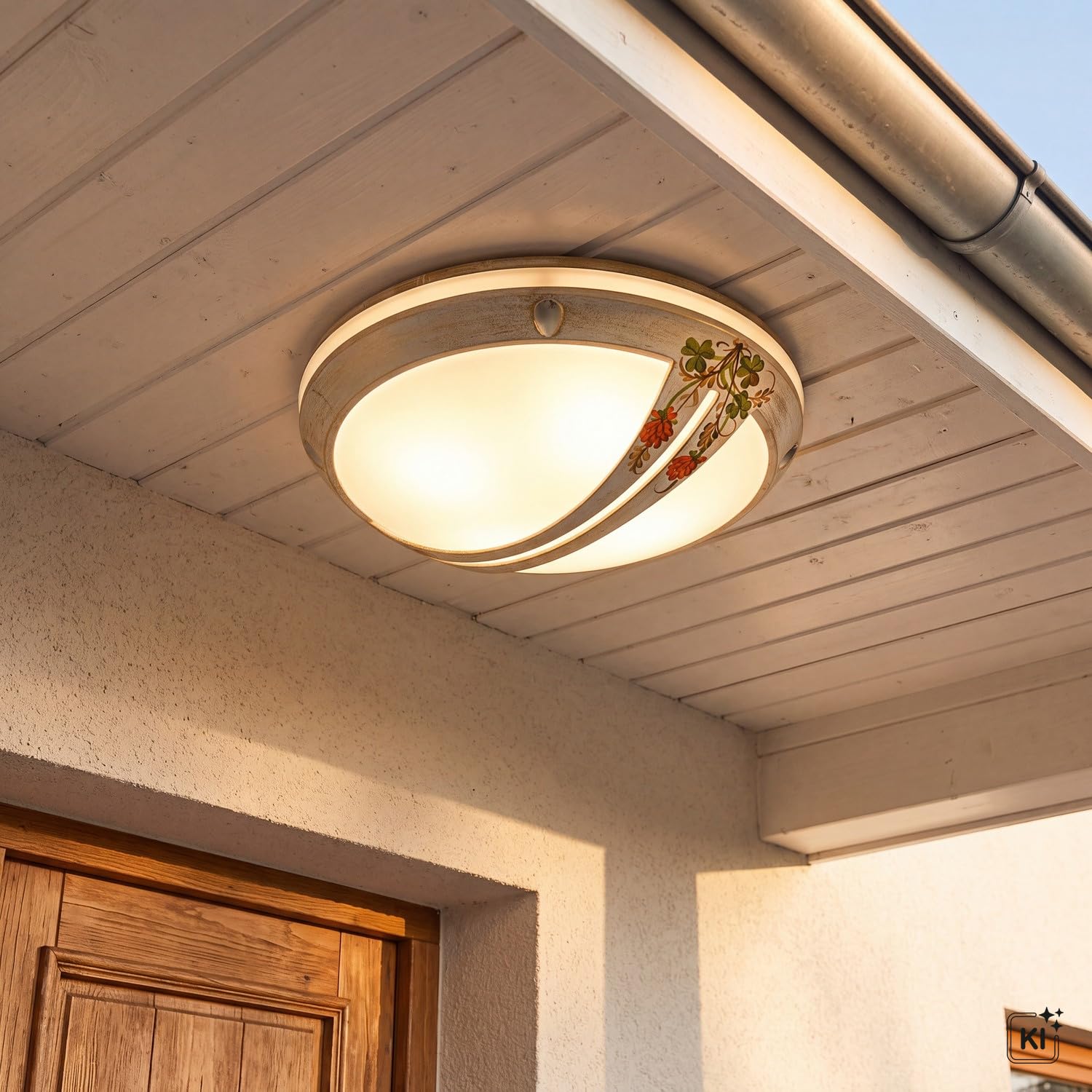 Licht-Erlebnisse Deckenlampe außen Aluminium rund Ø 28 cm IP44 in Weiß Gold antik Klee Dekor handbemalt E27 Maritim Deckenleuchte Balkon Terrasse Außenleuchte