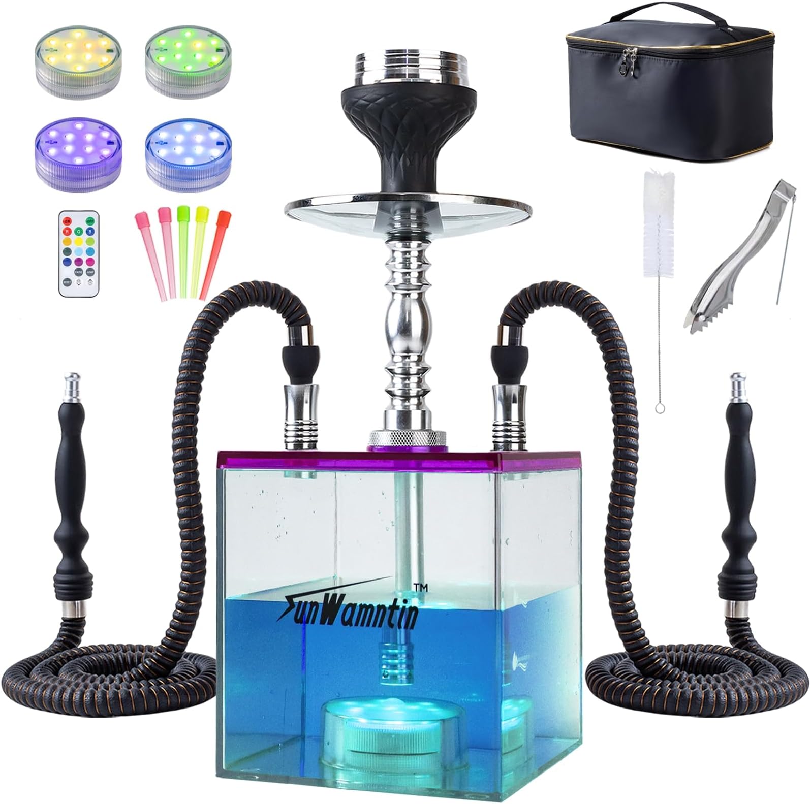 Purple 2 Hose Large Hookah – Square Large Cloud Production Hookah Set with Everything, Travel Shisha Kit with LED Base, Cleaning Brush and Portable Bag