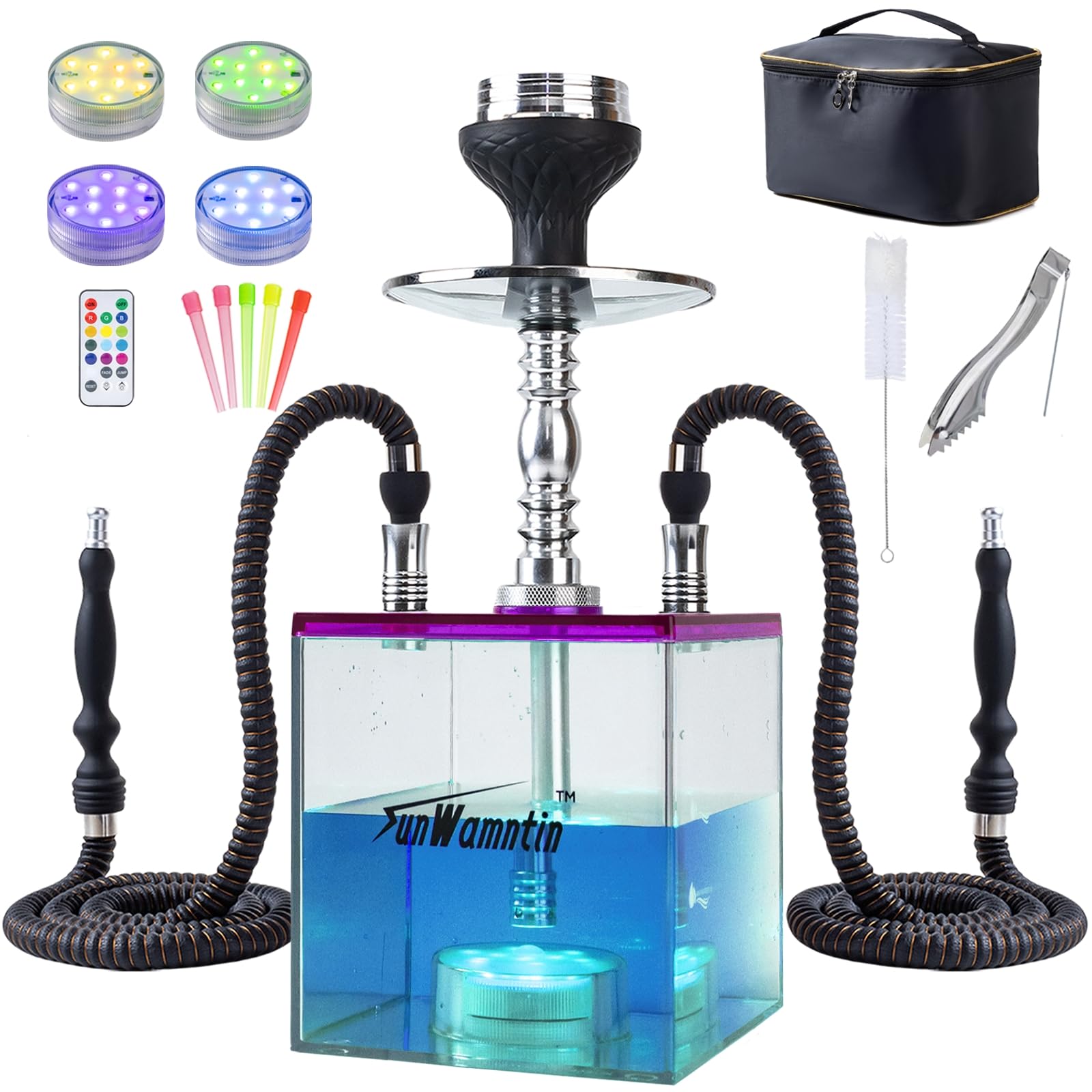 SunWamntin Purple 2 Hose Large Hookah – Square Large Cloud Production Hookah Set with Everything, Travel Shisha Kit with LED Base, Cleaning Brush and Portable Bag