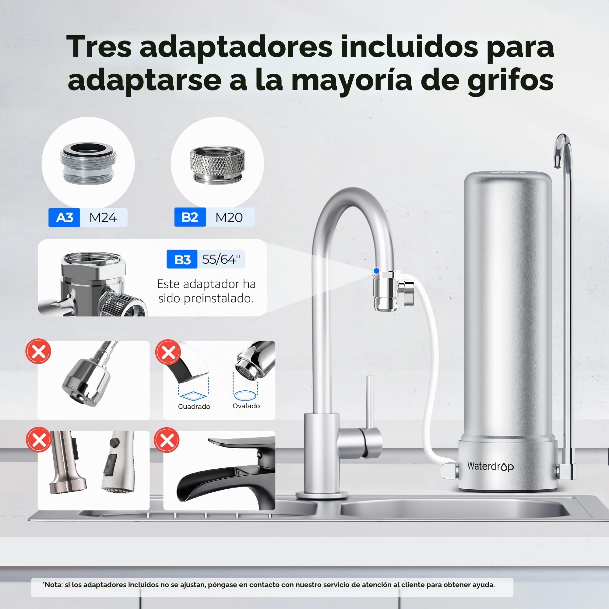 Waterdrop WD-CTF-01 Filtro de Agua para Encimera, 5 Etapas de Filtro de Acero Inoxidable, 8000 Galones Filtro de Grifo, Reduce el 99% de Cloro, Metales Pesados, Mal Sabor (1 Filtro Incluido)