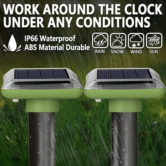 Mole Repellent Solar Ultrasonic 4 Pack,Outdoor Powered Sonic Deterrent,IP66 Waterproof,Groundhog Repeller Snake Rodent Gopher Spikes Chaser - Sonic Mole Deterrent Devices for Lawn Garden & Yard Home