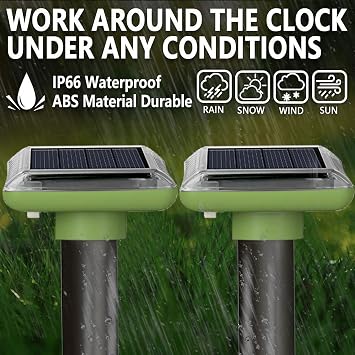 Mole Repellent Solar Ultrasonic 4 Pack,Outdoor Powered Sonic Deterrent,IP66 Waterproof,Groundhog Repeller Snake Rodent Gopher Spikes Chaser - Sonic Mole Deterrent Devices for Lawn Garden & Yard Home