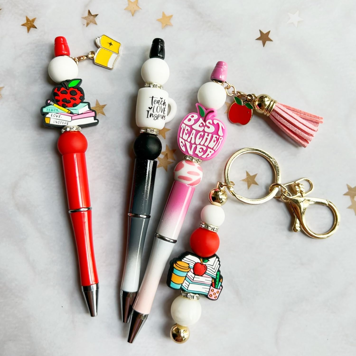 Beadable Pens Bulk Bead Pens with Assorted Colors Beads DIY Pen Making Kit Ballpoint Pen Black Ink for Women Students Office School (Teacher)