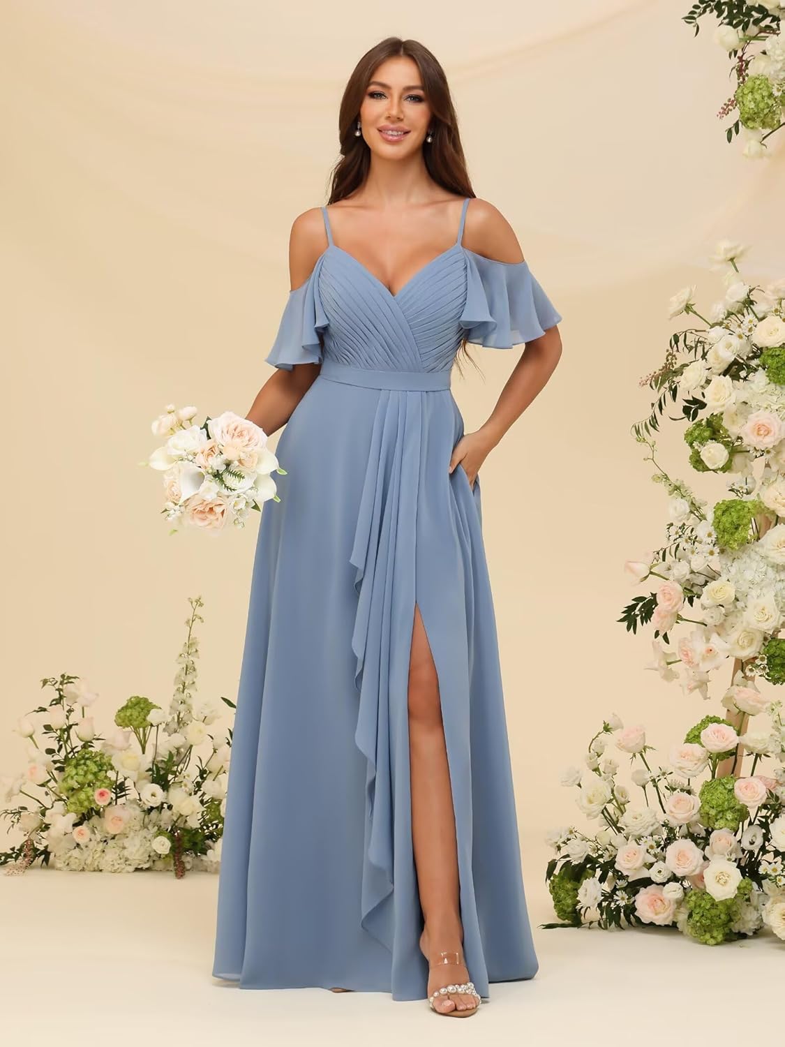 Rjer Off The Shoulder Chiffon Bridesmaid Dress with Slit A Line Pleated Formal Evening Dress Long for Women - Image 4