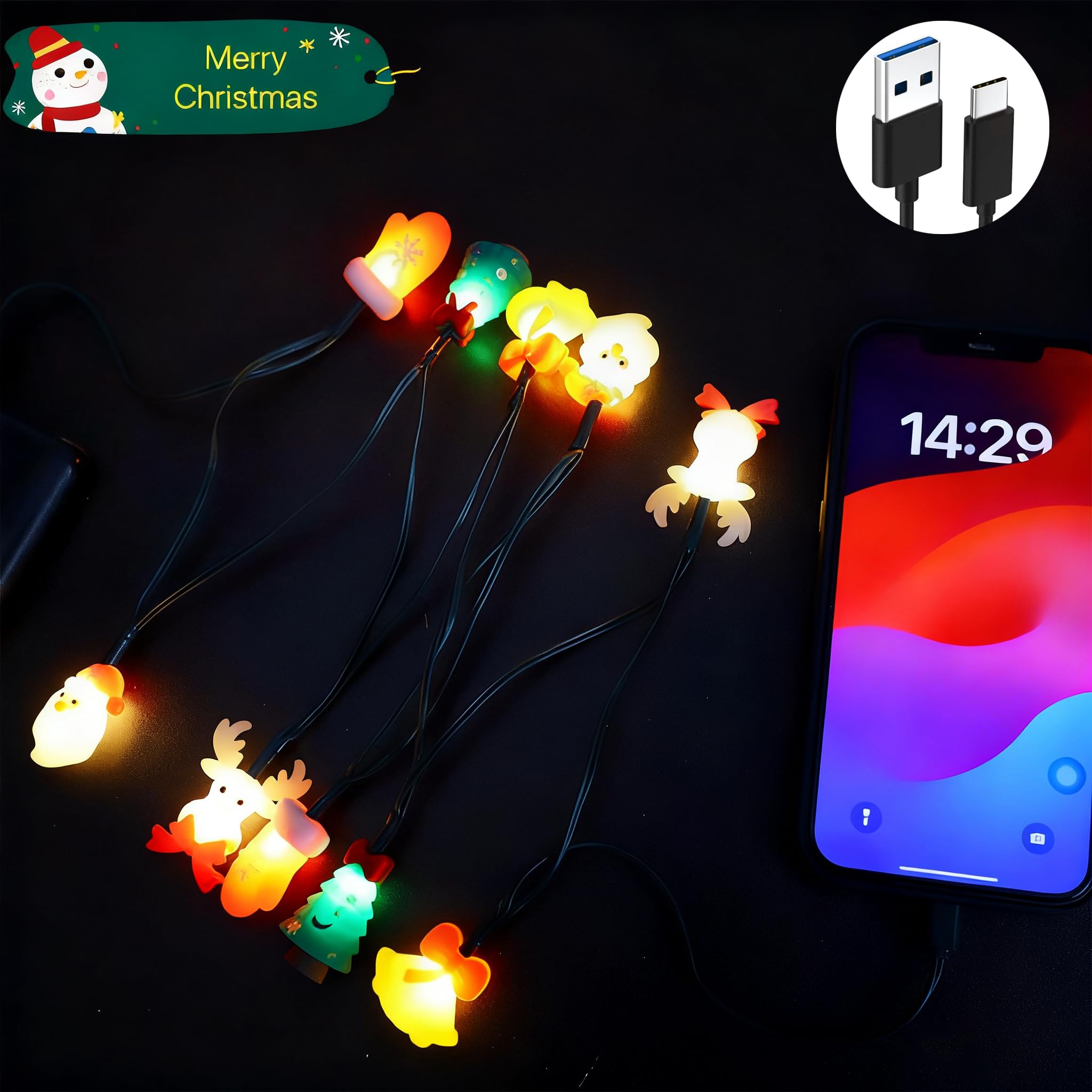 2 x kabel do ładowania lampek bożonarodzeniowych, 139,7 cm USB-A do typu C, z 10 żarówkami LED, świąteczne kable do ładowania kompatybilne z telefonem/i 17/16/15 i iPad/i Android, Samsung, dekoracja