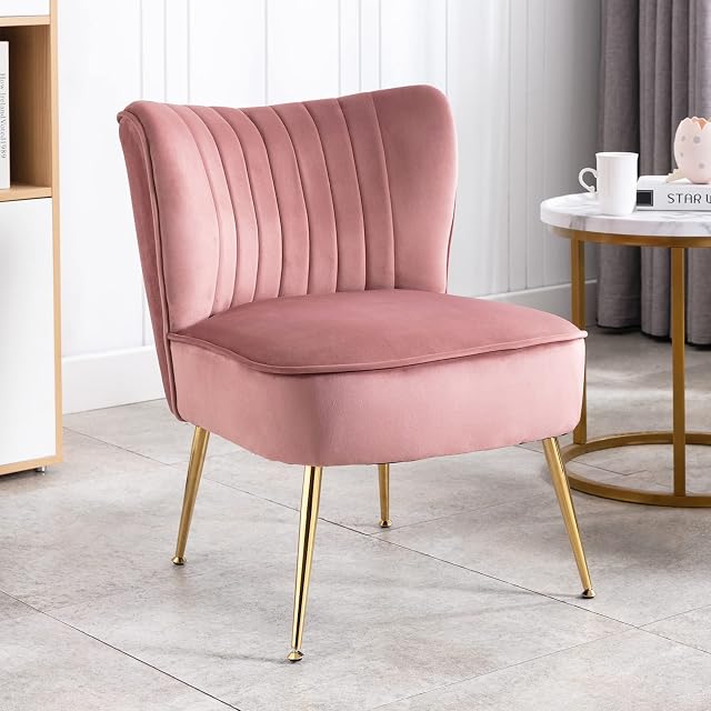 Wahson Velvet Accent Chair Occasional Tub Chair with Metal Legs Upholstered Wingback Side Chair, Armless Cocktail Chair for Bedroom, Living room and Office, Pink