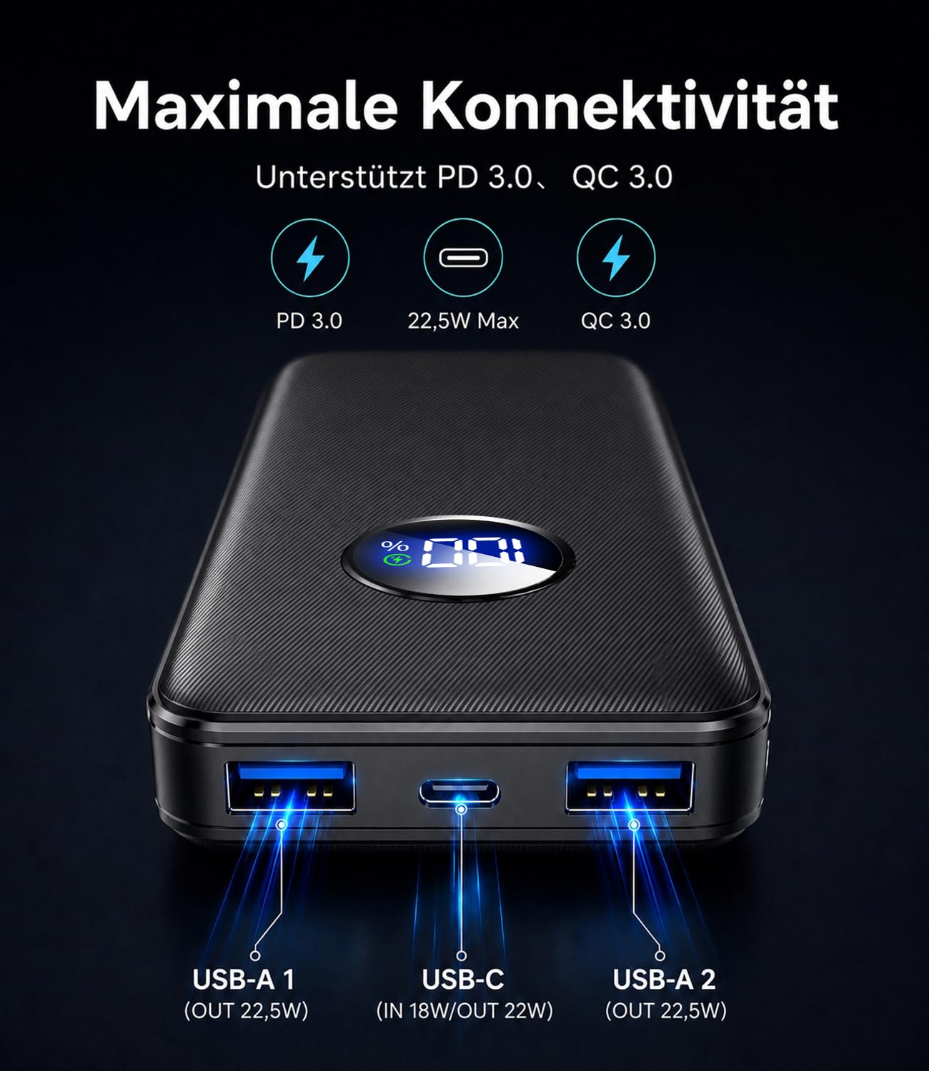 Powerbank 26800 mAh, 22,5 W, funzione di ricarica rapida, batteria esterna con 3 uscite (USB-C 20 W PD 3.0 & QC 3.0 USB-A), approvato per aerei, caricabatterie compatto per iPhone 17, 16, 15, Samsung