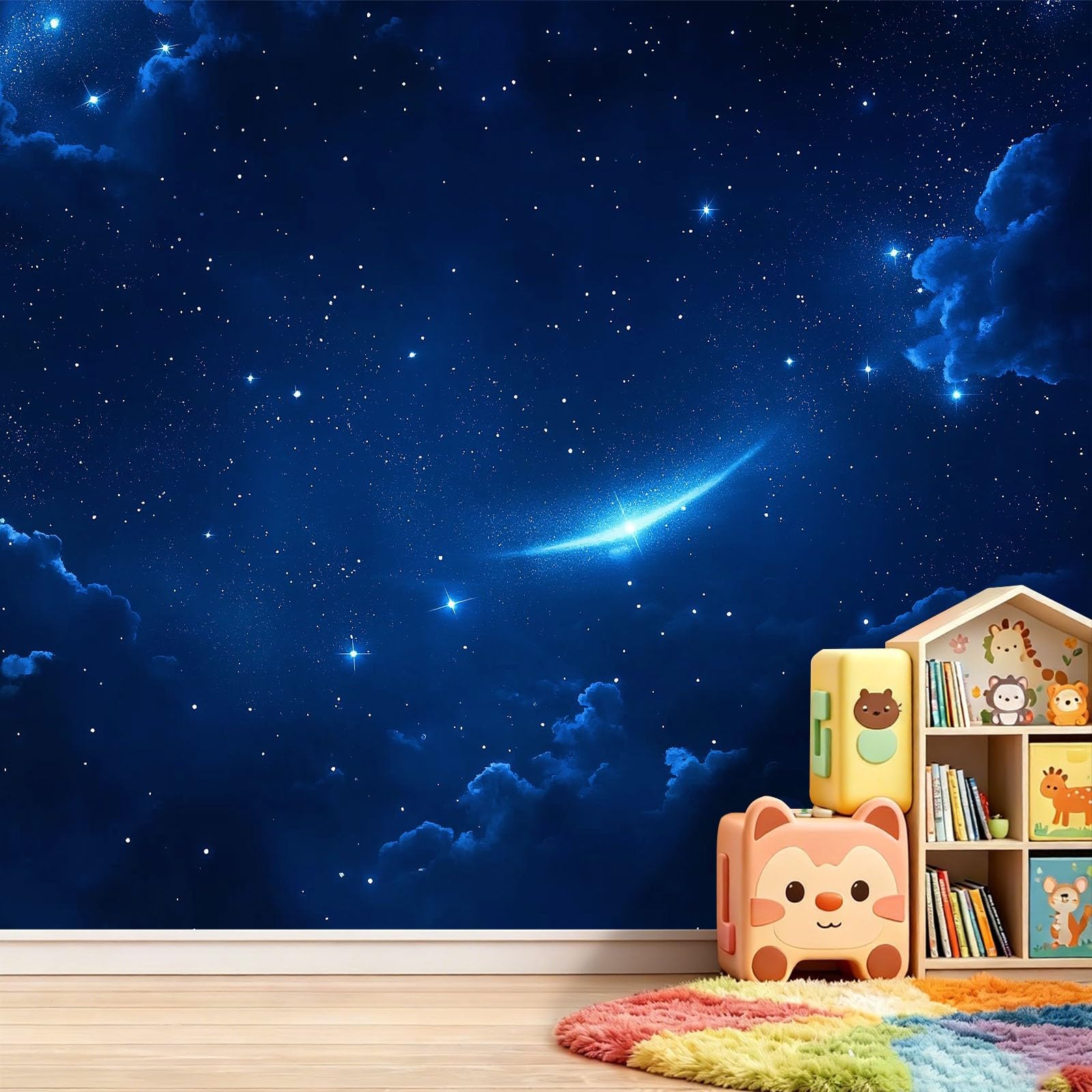 Fototapeta z włókniny, 350 x 256 cm, galaktyka, nocne niebo, wzór gwiazd, tapeta ścienna, efekt 3D, nowoczesna tapeta do salonu, na ścianę, pokój dziecięcy, tło TV, tapeta z motywem, granatowa