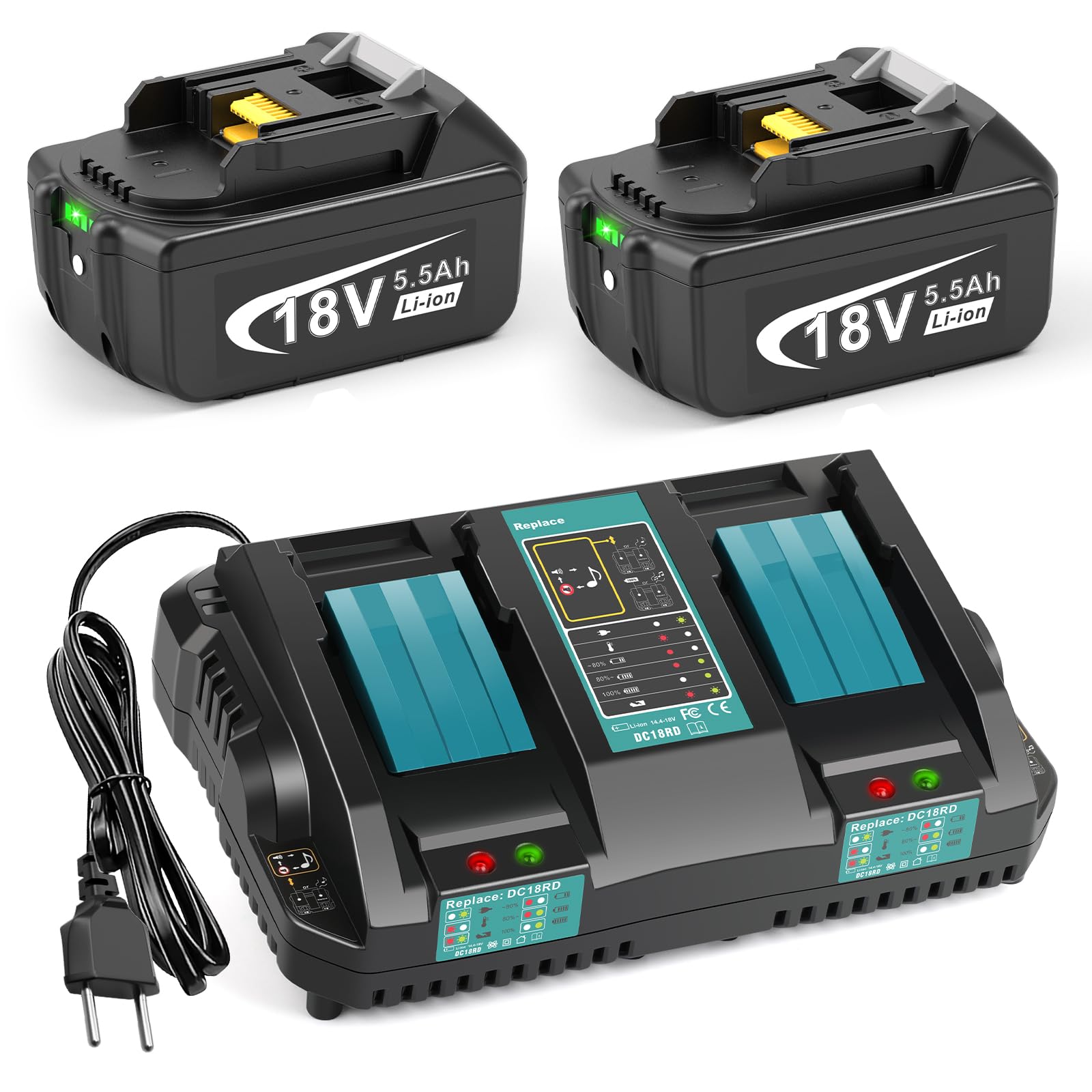 LabTEC Cargador de 18 V con batería para Makita BL1860 2P BL1830B BL1840B BL1850B BL1860B BL1815 BL1820 BL1825 18V 5500mAh Herramientas eléctricas + Cargador de batería para Makita DC18RC DC18RD