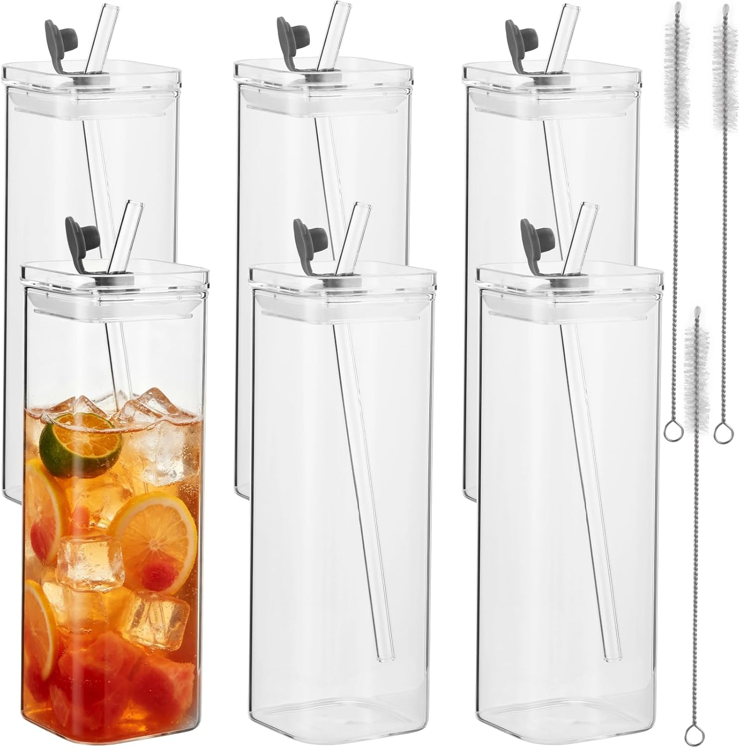 6 Sets Square Drinking Glass Cups with Lids and Straws, 13.5 oz Clear Highball Glasses, Leak-Resistant Glass Tumblers for Iced Coffee Juice Tea Beer and Mixed Drinks