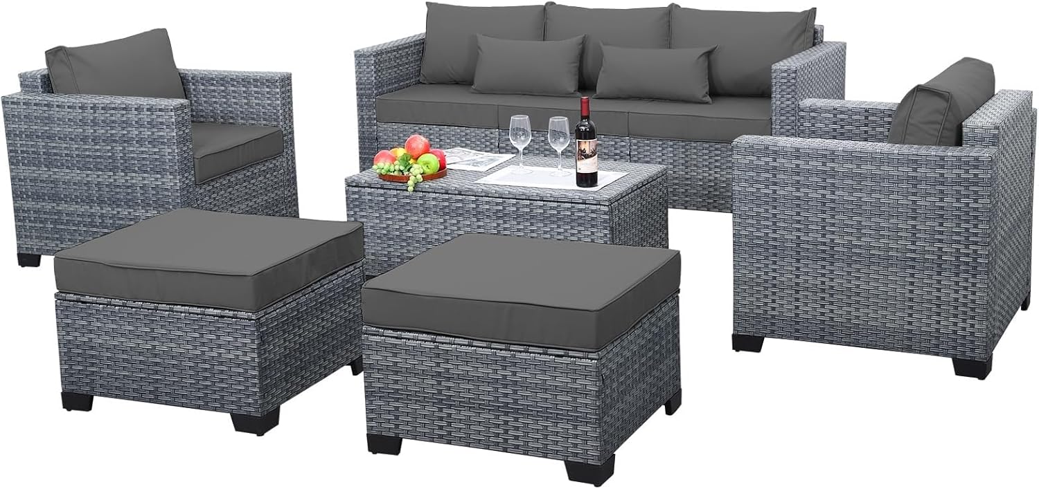 6 Pieces Wicker Patio Furniture Sets Outdoor Conversation Set Rattan Sectional Sofa Couch with Storage Table for Backyard Porch Balcony Poolside Garden(Gray)