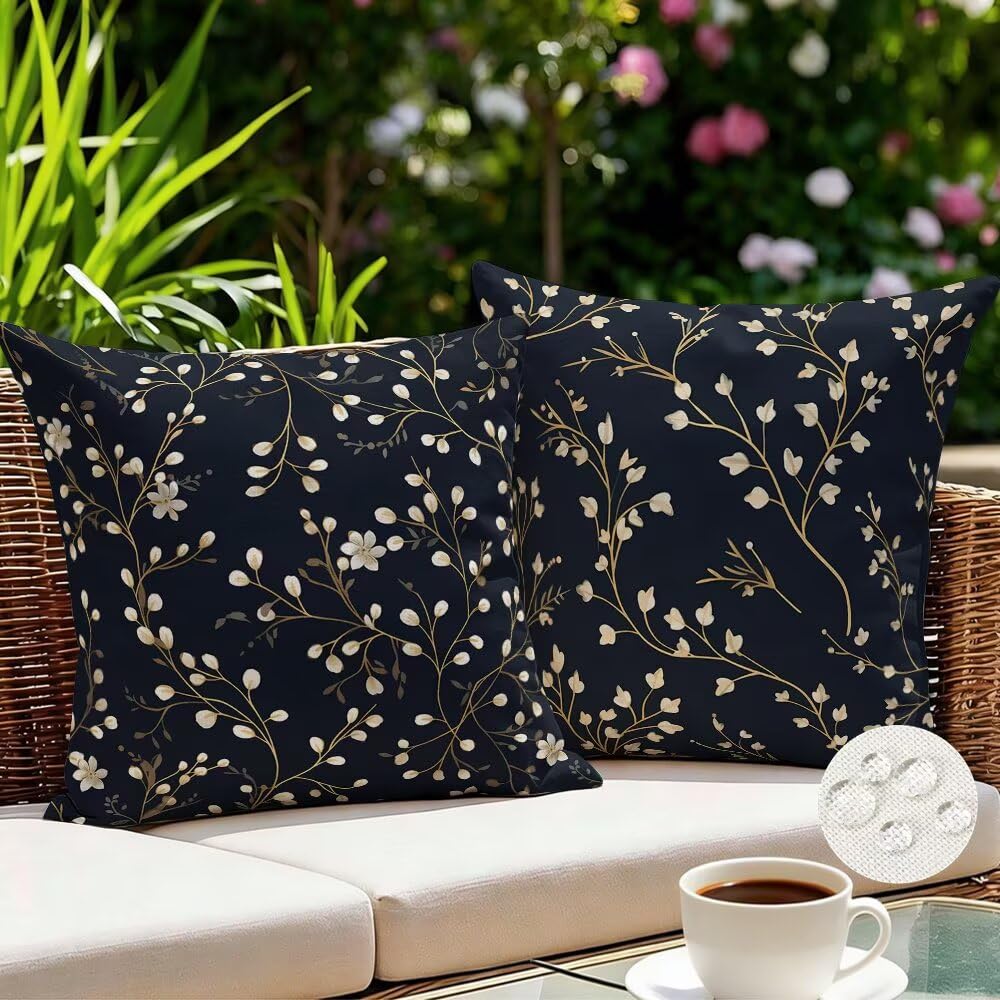Outdoor Cushions Waterproof Navy Cushion Covers 35cm x 35cm Set of 2 Floral Garden Cushions Spring Cushion Cover Decorative Pillows Linen Throw Pillow Case for Couch Sofa Garden Furniture (IU185)