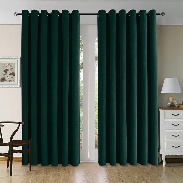 CUCRAF 100% Blackout Velvet Eyelet Curtains,2 Panels Ring Top Thermal insulated Soundproof Blackout Curtains for Bedroom,Kidsroom and Living Room, 90" x 90"(W x L), Dark Green