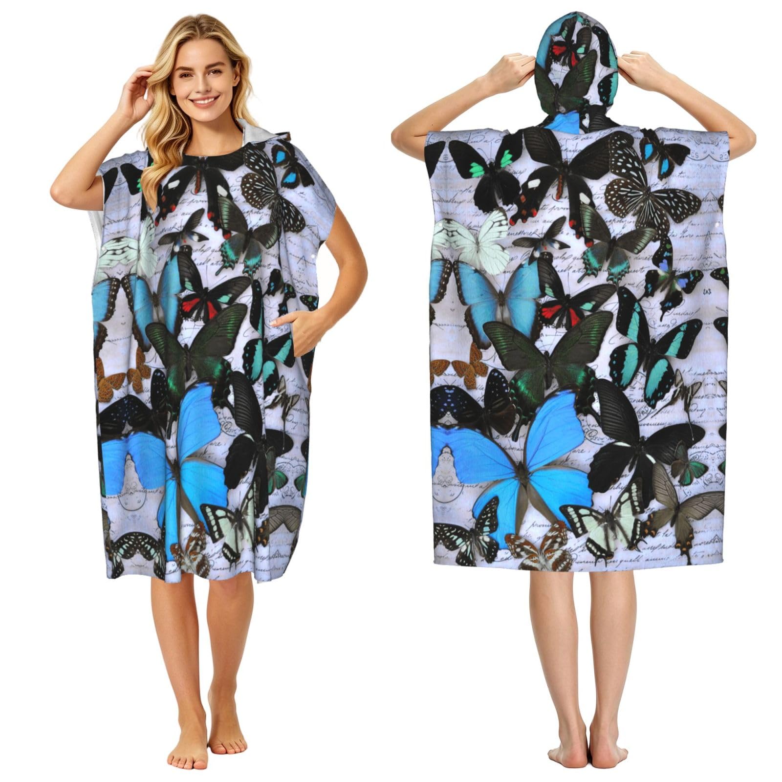Peignoir à capuche imprimé papillon poncho séchage rapide femmes hommes
