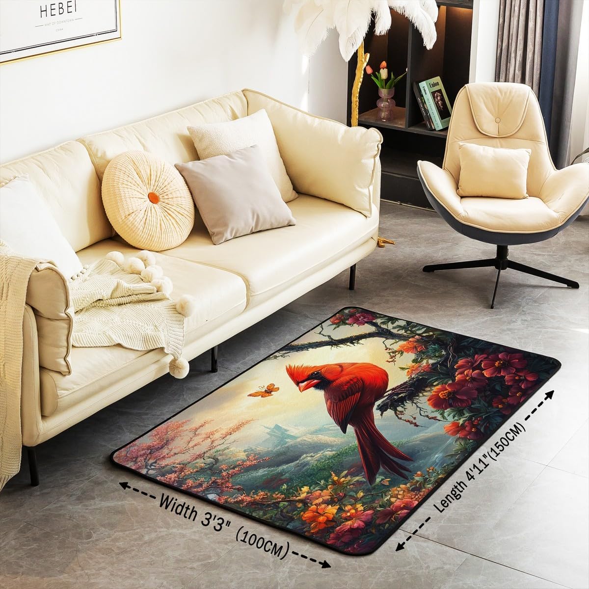 jejeloiu Red Bird Area Rug 5x7 Cardinal Bird Living Room Rugs for Kids Boys Girls Bedroom Flower Decor Carpet with Non-Slip Backing Indoor Floor Mat Soft Polyester