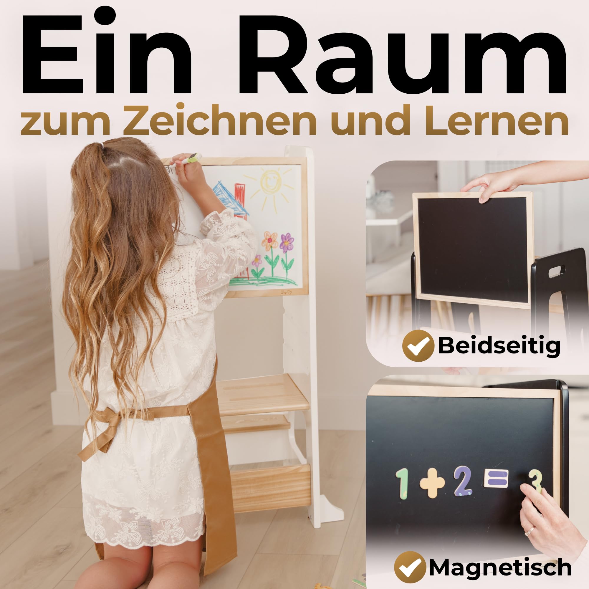 BEY & CO® Lernturm/Entdeckerturm aus Holz – Küchenhelfer für Kinder – 3-Fach höhenverstellbar, mit Rutschfester Oberfläche und kippsicheren Füßen - Montessori-Methode - Ab 12 Monaten (Weiß)