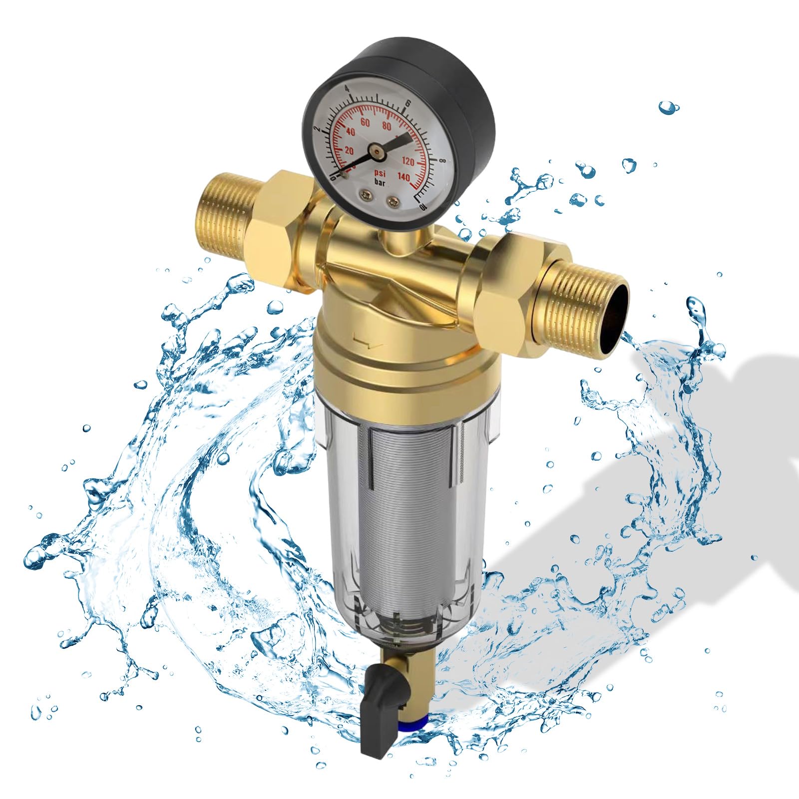 Filtro de retrolavado, filtro de agua, prefiltro reutilizable, filtro de agua sedimentaria, combinación de filtros con adaptador, prefiltro lavable para conexión doméstica, tuberías (1/2")