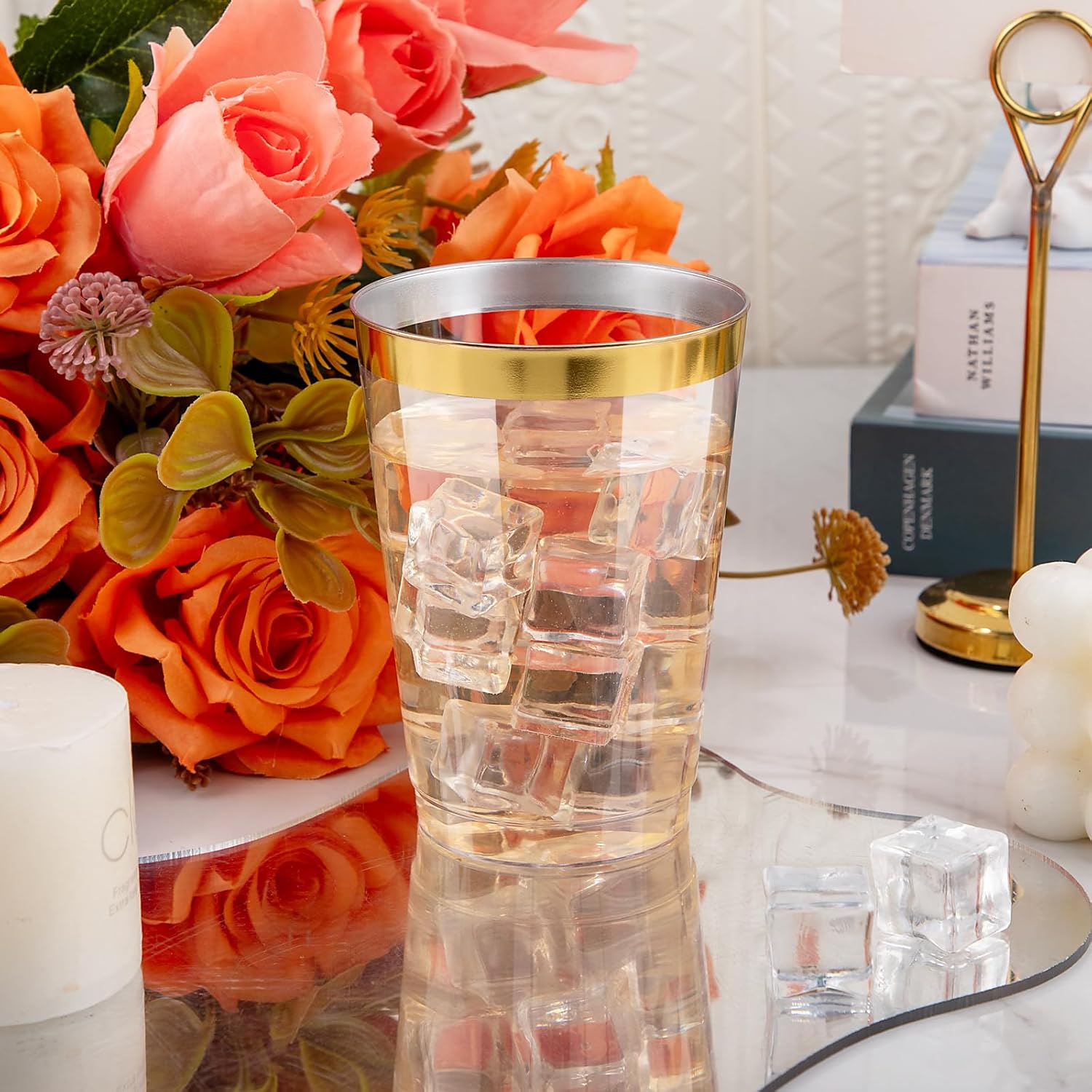 I00000 200 Pack 12 oz Gold Plastic Cups, Clear Disposable Cups, Disposable Plastic Wine Glasses Cocktail Glasses Premium Cups with Gold Rim, 12 Ounce Tumblers for Party & Wedding - Image 2